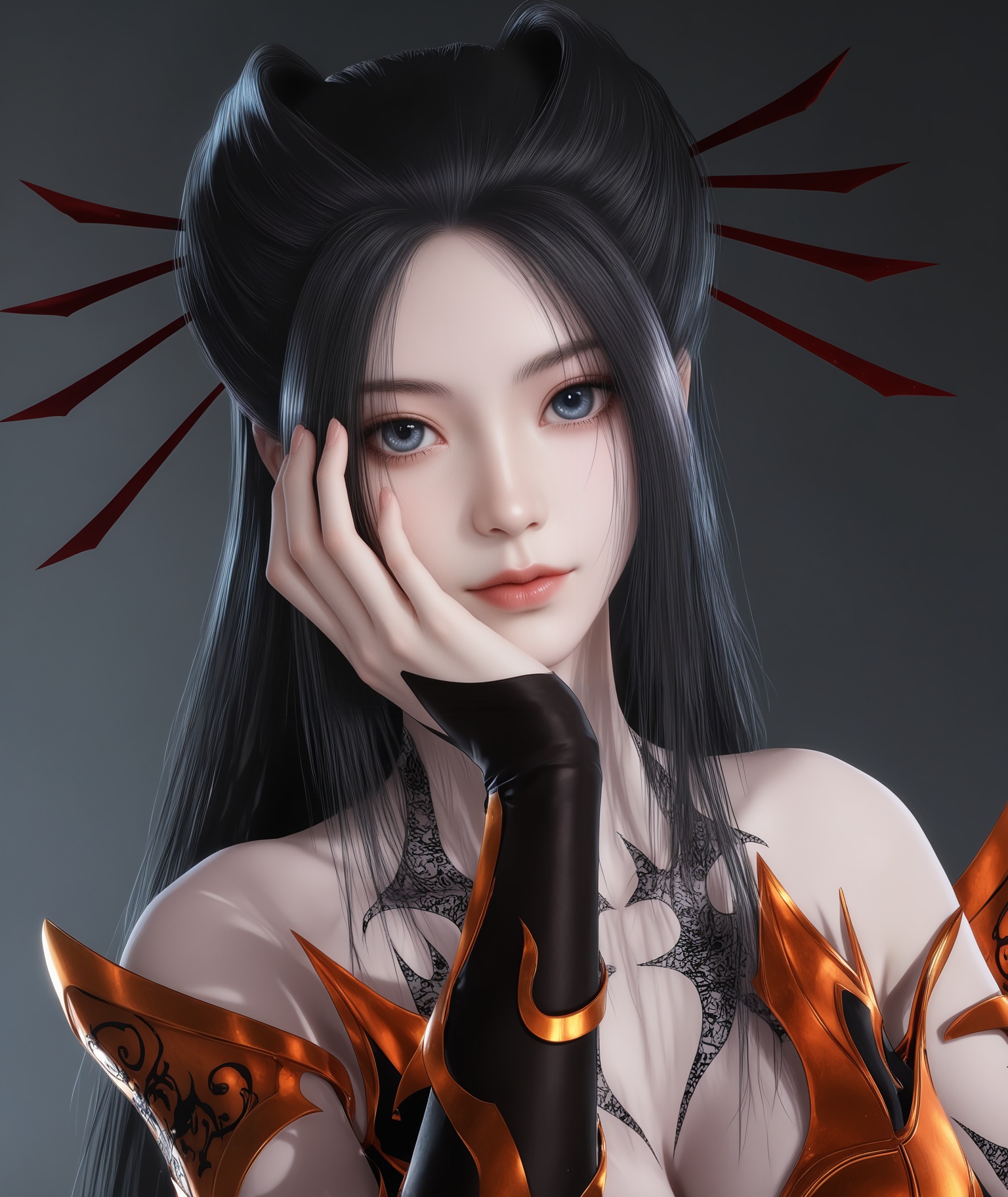 (score_9),masterpiece,best quality,absurdres,highres,BREAK<lora:焰灵姬-ill:0.85>,yanlingji,1girl,solo,long hair,black hair,hairpin,blue eyes,tattoo,pauldrons,breastplate,wrist armor,dress,black dress,(white_skin),(Ivory_skin),collarbone,(large breasts),puffy chest,looking at viewer,front view,(shading_eyes),upper body,BREAKsimple background,Tyndall effect,Cinematic Lighting,Volumetric Lighting,