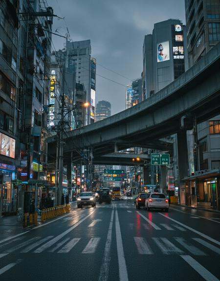 <lora:City_Worlds_01_v1_Roads_flux:1> realistic photo of citybkg, cyberpunk, evening, ambiance, sun, very detailed, streets, traffic, futuristic, elevated highway, front view, billboards on buildings, high buildings, low buildings, people, bus station, street marking, stores, shop lights, neons, illuminated, electric poles, signs, cars, rain,