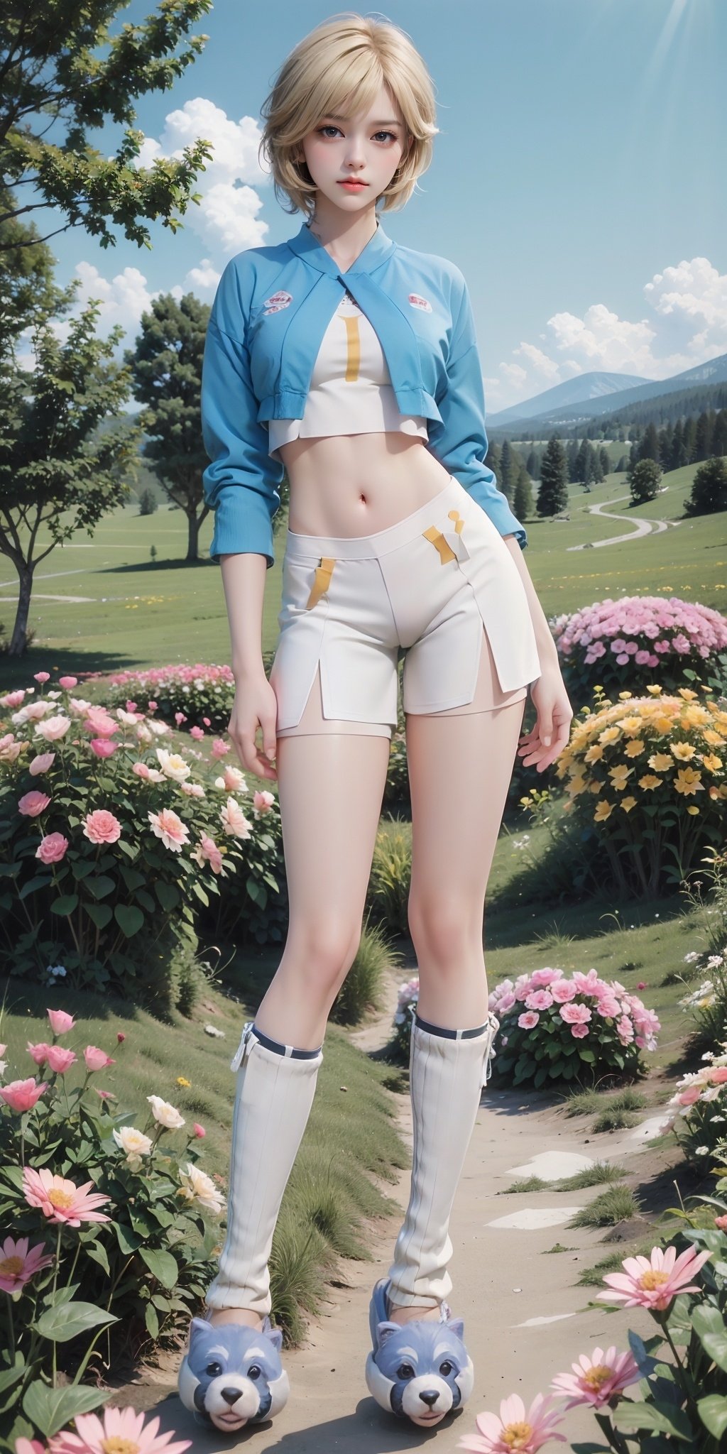 <lora:JXM_20240206203658-000006:0.75>,JXM,1girl,solo,blonde hair,navel,blue eyes,midriff,crop top,white shorts,long sleeves,slippers,looking at viewer,shirt,blue shirt,sportswear,jacket,roller skates,socks,short shorts,animal slippers,outdoors,scenery,flower,tree,sky,cloud,day,grass,field,pink flower,blue sky,nature,cloudy sky,white flower,landscape,yellow flower,mountainous horizon,<lora:MHB:0.2>,, (raw photo:1.2),((photorealistic:1.4))best quality,masterpiece,illustration,an extremely delicate and beautiful,extremely detailed,CG,unity,8k wallpaper,Amazing,finely detail,masterpiece,best quality,official art,extremely detailed CG unity 8k wallpaper,absurdres,incredibly absurdres,huge filesize,ultra-detailed,highres,extremely detailed,beautiful detailed girl,cinematic lighting,1girl,pale skin,tall female,(perfect body shape),skinny body,Slender legs,, pale skin,tall man,long legs,thin leg,