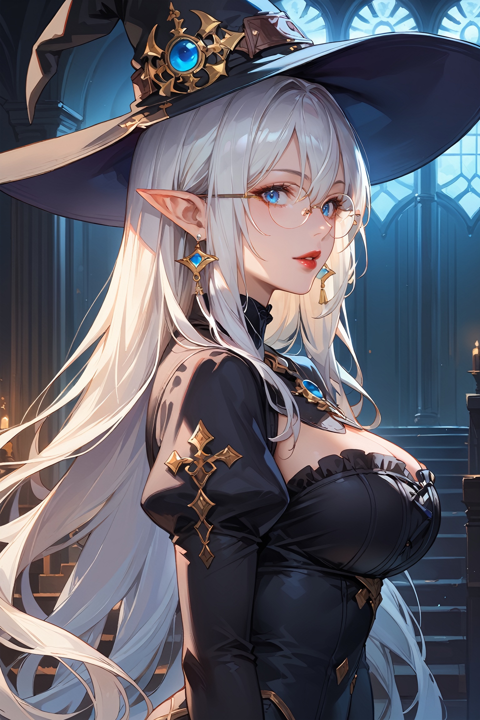 score_9, score_8_up, score_7_up, masterpiece, best quality, absurdres, very aesthetic, source_anime, detailed illustration, 8K UHD, fantasy themed, from side, 1girl, solo, long hair, looking at viewer, bangs, blue eyes, large breasts, long sleeves, hair between eyes, red lips, jewelry, upper body, white hair, earrings, parted lips, glasses, pointy ears, puffy sleeves, black dress, black headwear, witch hat, juliet sleeves, round eyewear, ((very dark room)), indoors, side lit, dropped shadow, dark night