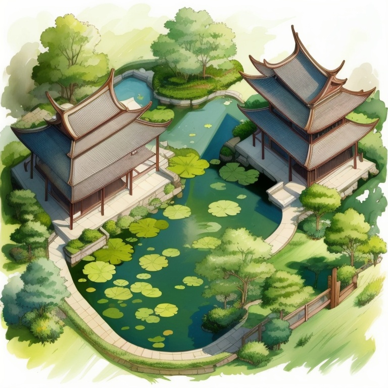 ((HRD, HUD, 8K)),((masterpiece, best quality)), highly detailed, soft light,courtyard, no humans, tree, lily pad, scenery, east asian architecture, water, architecture, pond, bridge, outdoors, stairs, river, building, house, <lora:20240330-1711766676812:0.9>