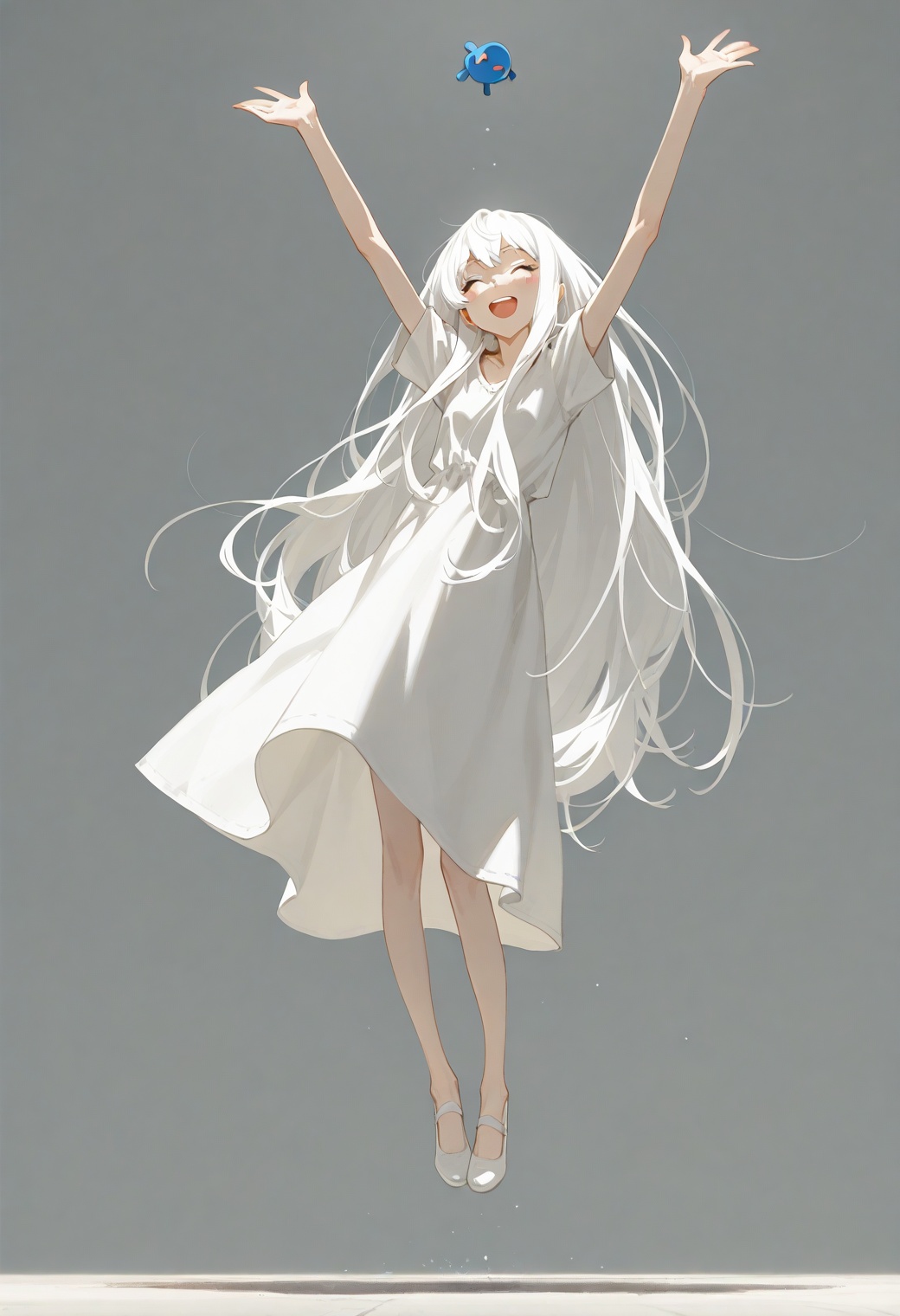 (dino_(dinoartforame):0.5),(yoneyama mai:0.5),(Yomu:0.3),happy to jump up,1girl,solo,white_hair,very long hair,