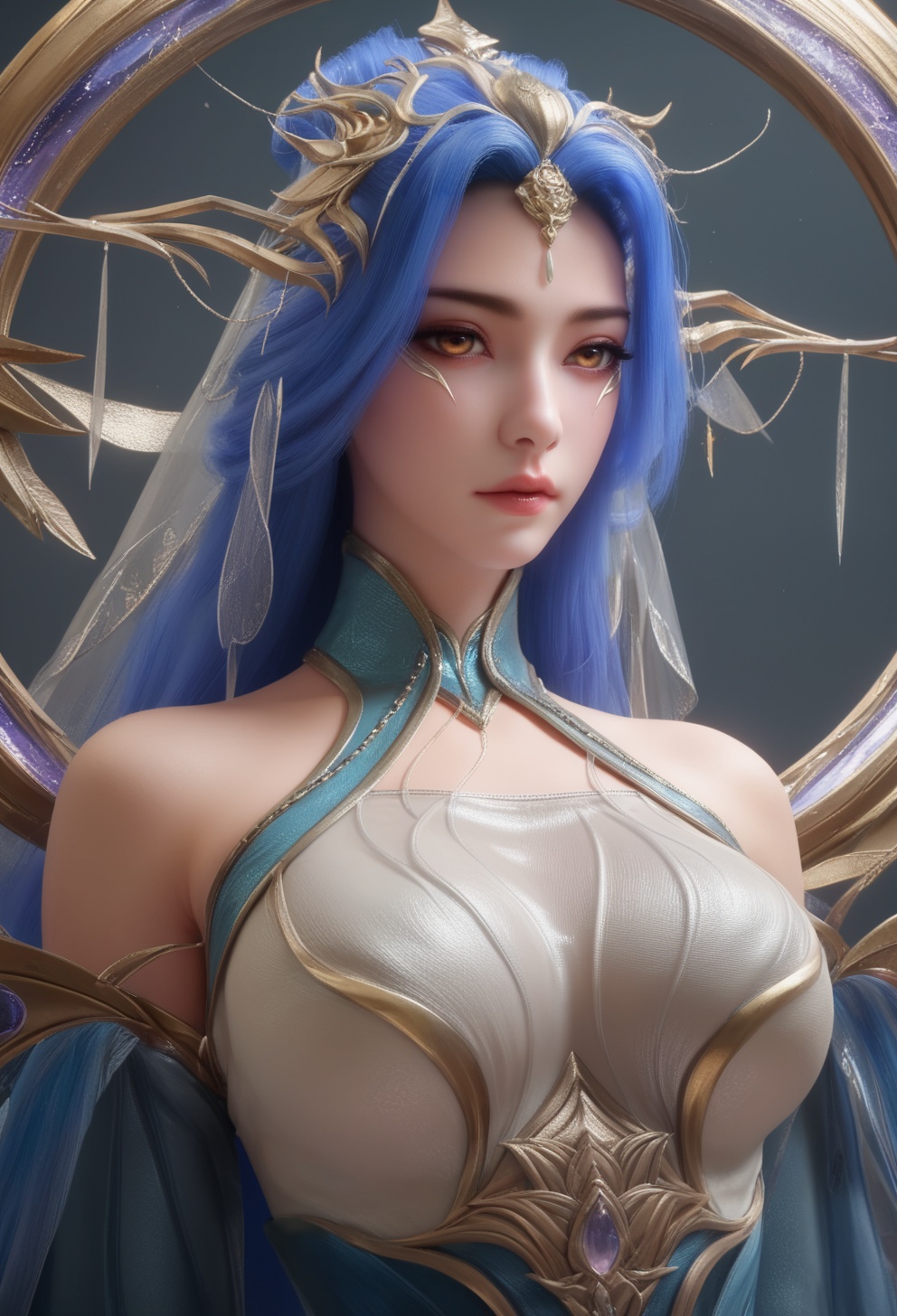 supermodel,score_8_up,score_7_up,hyperdetailed,hyperrealistic,volumetric lighting,focus on face,textured skin,eye lighting,SkinHairDetail,zPDXL,very attractive,Expressiveh,realistic skin,score_9,score_8_up,score_9,score_8_up,1 girls,high cold face,yujie,perfect round large,breasts,jewelry,beautiful eyes,detailed eyes,breast,<lora:女帝:0.8>,lips,long hair,:o,blue hair,breasts,dress,hair bun,long hair,nvdi,veil,