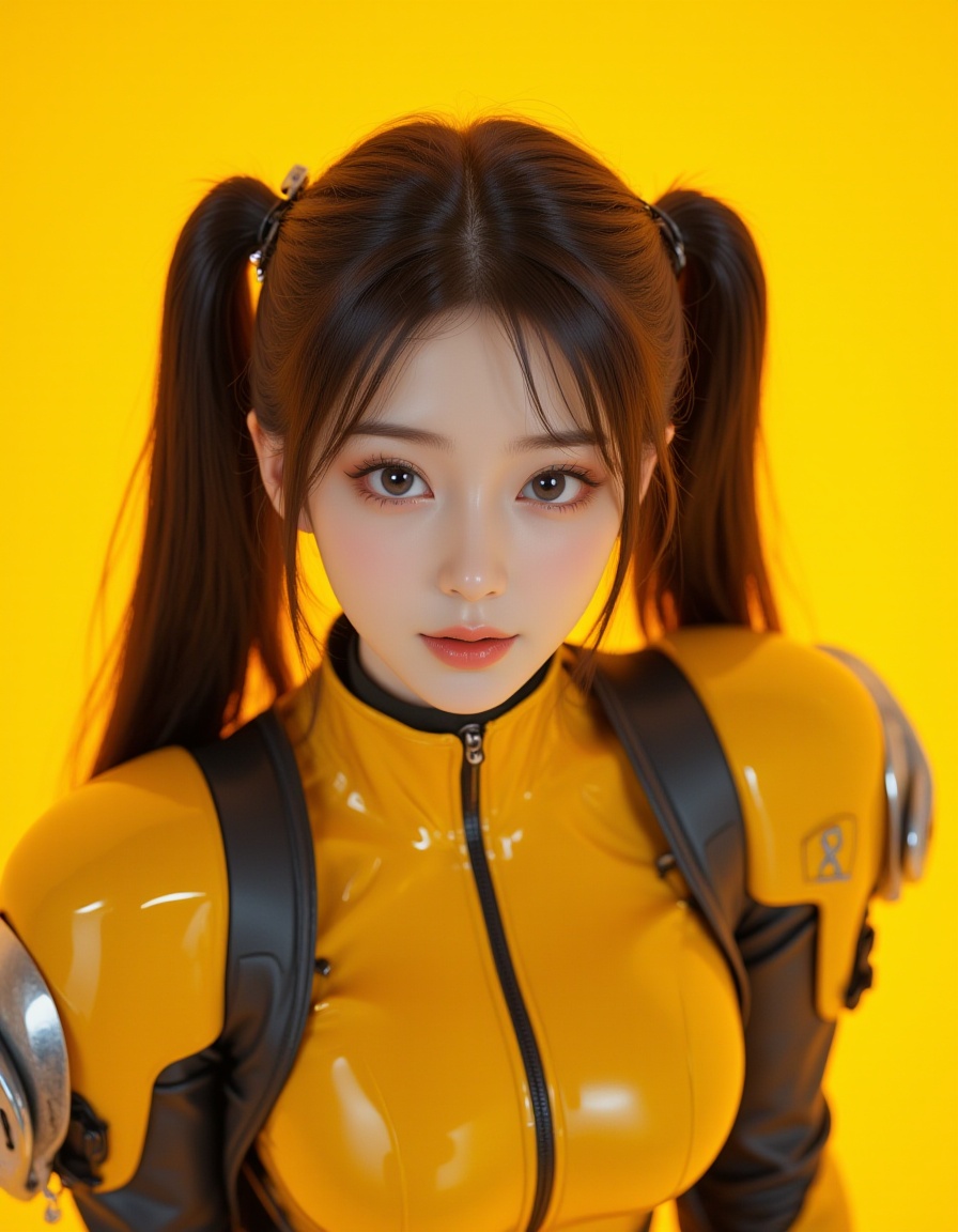 Masterpiece, Top quality, beautiful Korean woman, doll-like face, clean skin, neat honey-brown twintails, bright challenging grin, school jersey-style power suit, armored panels, active pose, giant high-tech warhammer, resting on shoulder, intensely saturated monochromatic citrine-yellow background, POV, high angle, face-focused close-up, looking up at viewer, massive warhammer head, visible behind her, framing face