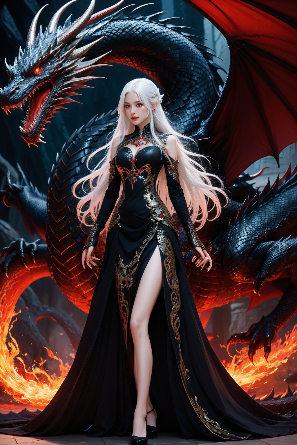 1girl,red eyes,dragon,cool,black dress,fantasy background,Illustrated,long hair,white hair,super precise depiction,multiple colors,high definition,Rich in intricate details. 8K,illustration,crazy colors,full body,long leg,<lora:LONGNV_20240430205652:0.8>,