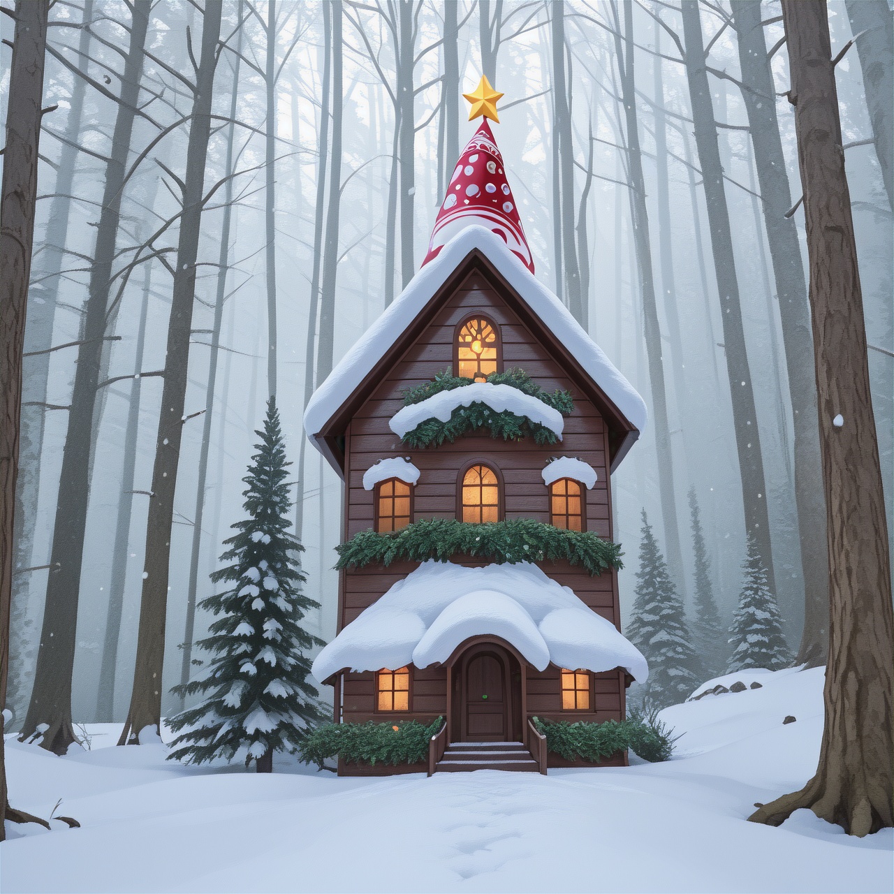 Dense fairy tale forest with mushroom houses covered in snow on christmas on Tensor.Art