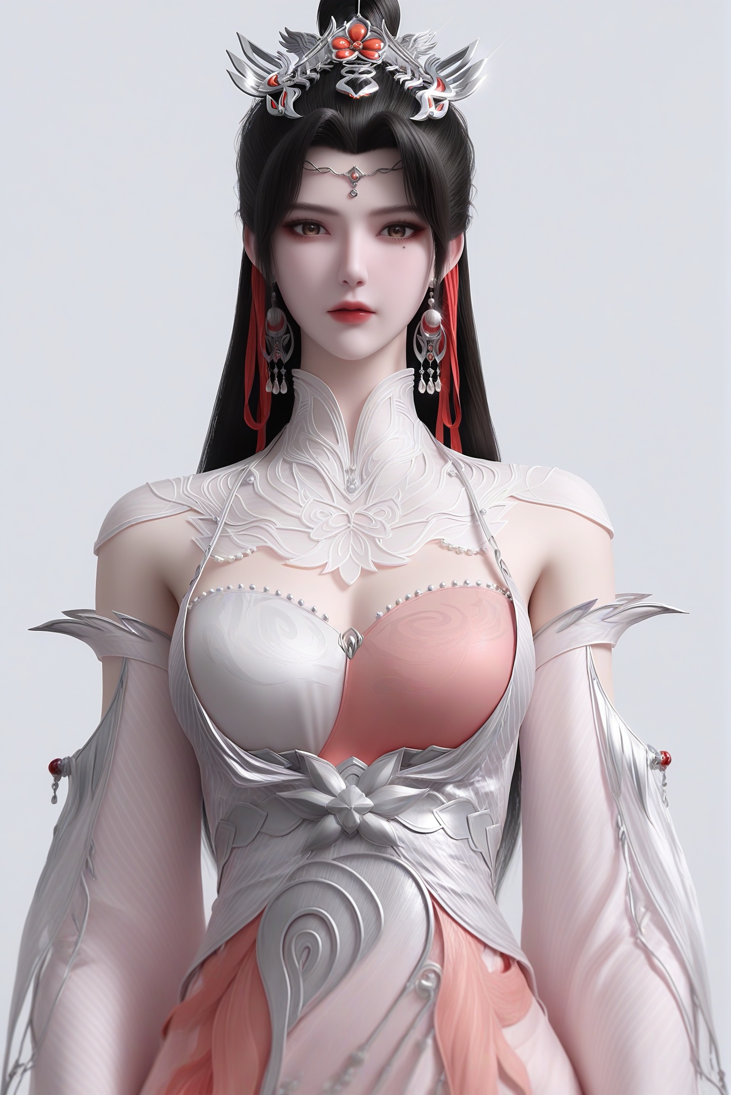 masterpiece,best quality,absurdres,highres,mature female,glamor,(slender:1.1),solo,<lora:柳眉-ill-000009:0.85>,liumei,long hair,black hair,hair ribbon,dangling earrings,crown-like hair ornament,hair ornament,forehead decoration,single hair bun,mole under eye,grey yes,brown_pupils,light blush,BREAKcollarbone,sheer overlay,mandarin collar,jewelry,halter dress,detached sleeves,two-tone bustier,looking at viewer,(front view),standing,upper body,BREAK(white_skin:1.1),(fair_skin:1.1),realistic,simple background,white background,