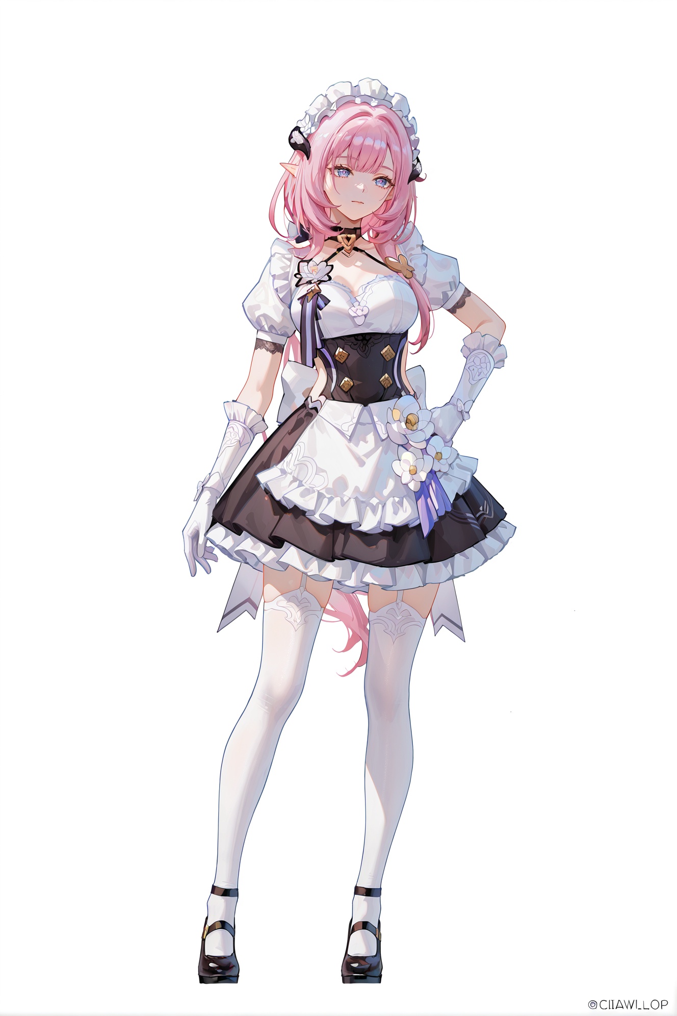8k,best quality,masterpiece,(ultra-detailed),(high detailed skin),((artist:reoen),(artist:fuzichoco),(artist:atdan),(artist:torino_aqua),year 2024:0.8)1girl,[artist:wlop],[artist:ningen_mame],artist:ciloranko,[[artist:rhasta]],artist:tidsean,colorful,full body,full shot,standing,(solo:1.2),simple background,(white background:1.2),hand on own hip,(white background:1.1),<lora:Elysia-ill-Tanger:0.9>,elysia \(honkai impact\),Elysianp,clothes: Elysianp maid dress,1girl,pink hair,pointy ears,long hair,maid,white gloves,elf,white Elysianp thighhighs,bangs,blue eyes,Elysianp maid headdress,apron,closed mouth,breasts,short sleeves,frills,maid apron,