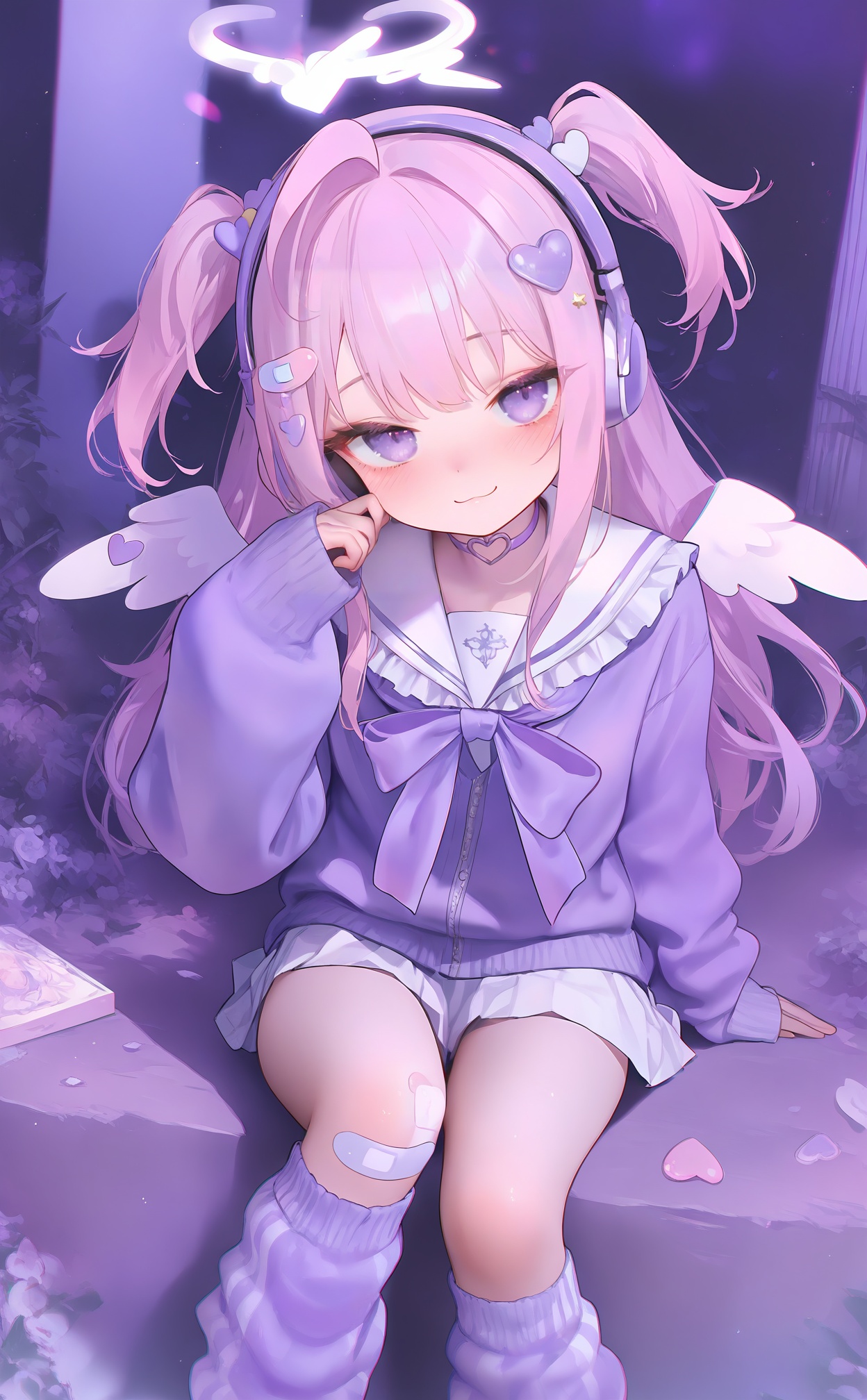 masterpiece,highres,absurdres,newest,best quality,high quality,loli,petite,chromatic_aberration,//,girl,headphones,halo,solo,wings,sailor collar,bandaid,heart,hair ornament,two side up,looking at viewer,bandaid on leg,purple eyes,angel wings,white sailor collar,skirt,loose socks,sleeves past wrists,blush,heart hair ornament,white skirt,smile,choker,socks,star hair ornament,purple hair,long sleeves,pastel colors,heart choker,bandaid on knee,frilled sailor collar,neckerchief,pink collar,sitting,striped socks,leg warmers,closed mouth,purple theme,virtual youtuber,:3,pleated skirt,mini wings,white wings,serafuku,school uniform,purple choker,hand on own face,pink hair,purple socks,frills,//,<lora:nai4zhengliu3——【noob】hans:1>,