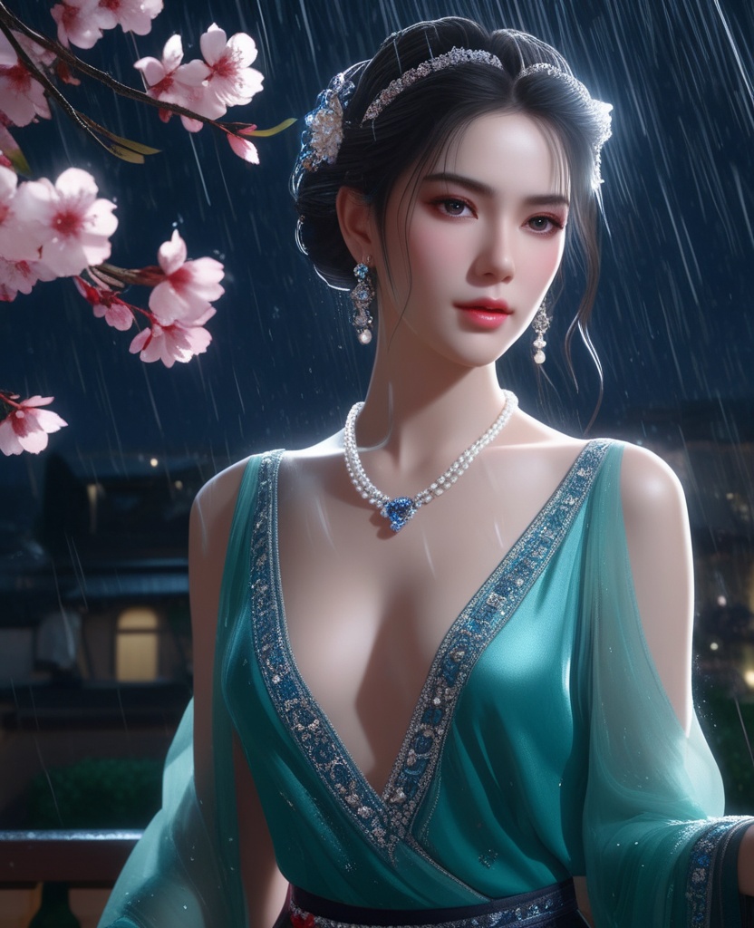 <lora:609-DA-XL-天行九歌-焰灵-水中:0.8>(,1girl, ,best quality, ),looking at viewer, ,ultra detailed 8k cg, ultra detailed background,  ultra realistic 8k cg,          cinematic lighting, cinematic bloom, (( , )),,  , unreal, science fiction,  luxury, jewelry, diamond, pearl, gem, sapphire, ruby, emerald, intricate detail, delicate pattern, charming, alluring, seductive, erotic, enchanting, hair ornament, necklace, earrings, bracelet, armlet,halo,masterpiece, (( , )),,  ,cherry blossoms,(((, night,night sky,,  ultra high res, (photorealistic:1.4), raw photo, 1girl, , rain, sweat, ,wet, )))(( , ))   (cleavage), (),