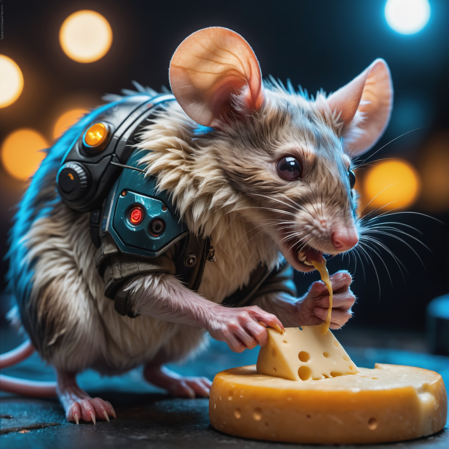 closeup photo of a cyberpunk mouse it eating cheese,  detailed realistic fur,  paws on Tensor.Art