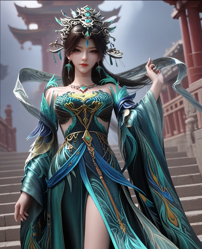 (Standing with one foot on a step or platform:1.1),looking at viewer,(large breasts:1.2),<lora:XL16云深不知梦燕倾霏青玉殿圣女:0.95>,miss yanqingfei,blue and green tiered gown,black hair,long hair,hair ornament,traditional chinese updo,earrings,jewelry,hagoromo,necklace,wide flowing sleeves,sheer petticoat,, score_9,score_8_up,score_7_up,score_6_up,score_5_up,score_4_up,3d rendering,tag1,tag2, Cinematic Lighting,backlighting,