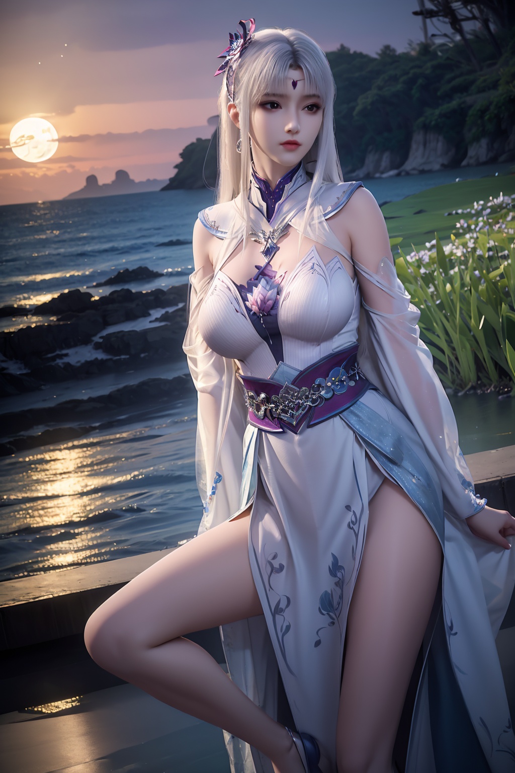 standing,dress,chinese clothes,flower,full_moon,moon,night,lily_pad,lotus,moonlight,water,night_sky,lily_\(flower\),sky,partially_submerged,1girl,solo,hair ornament,realistic,nail polish,photo_\(medium\),(big breasts, cleavage),makeup,(8k, RAW photo, best quality, masterpiece:1.2),(realistic, photorealistic:1.3),ultra-detailed,extremely detailed cg 8k wallpaper,(crystalstexture skin:1.2),extremely delicate and beautiful,(sexy pose:1.2),chinese dress,white hair