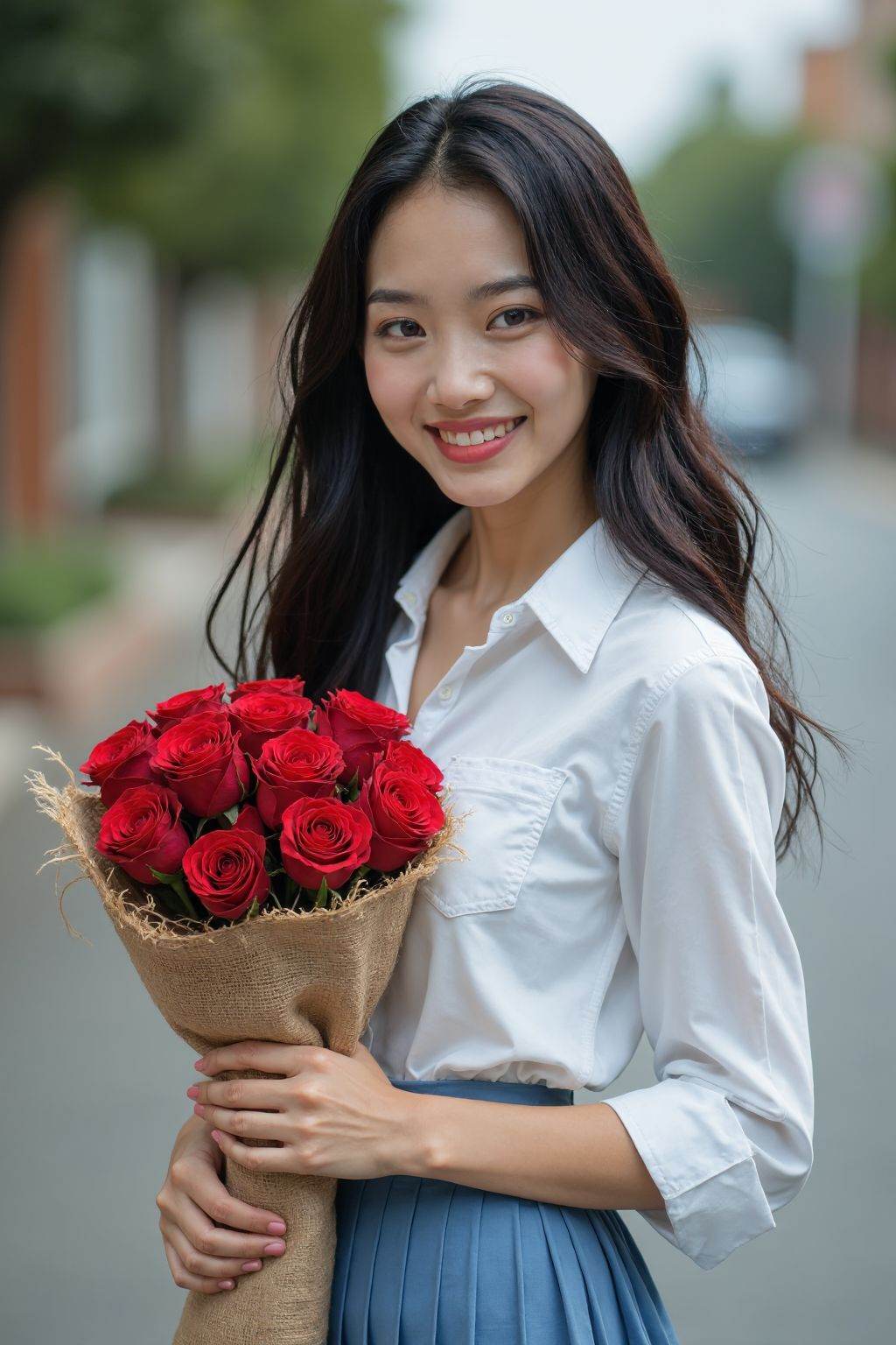HDR photo of cinematic film still,  A photograph of a young Asian woman with fair skin and long,  wavy black hair. She is...