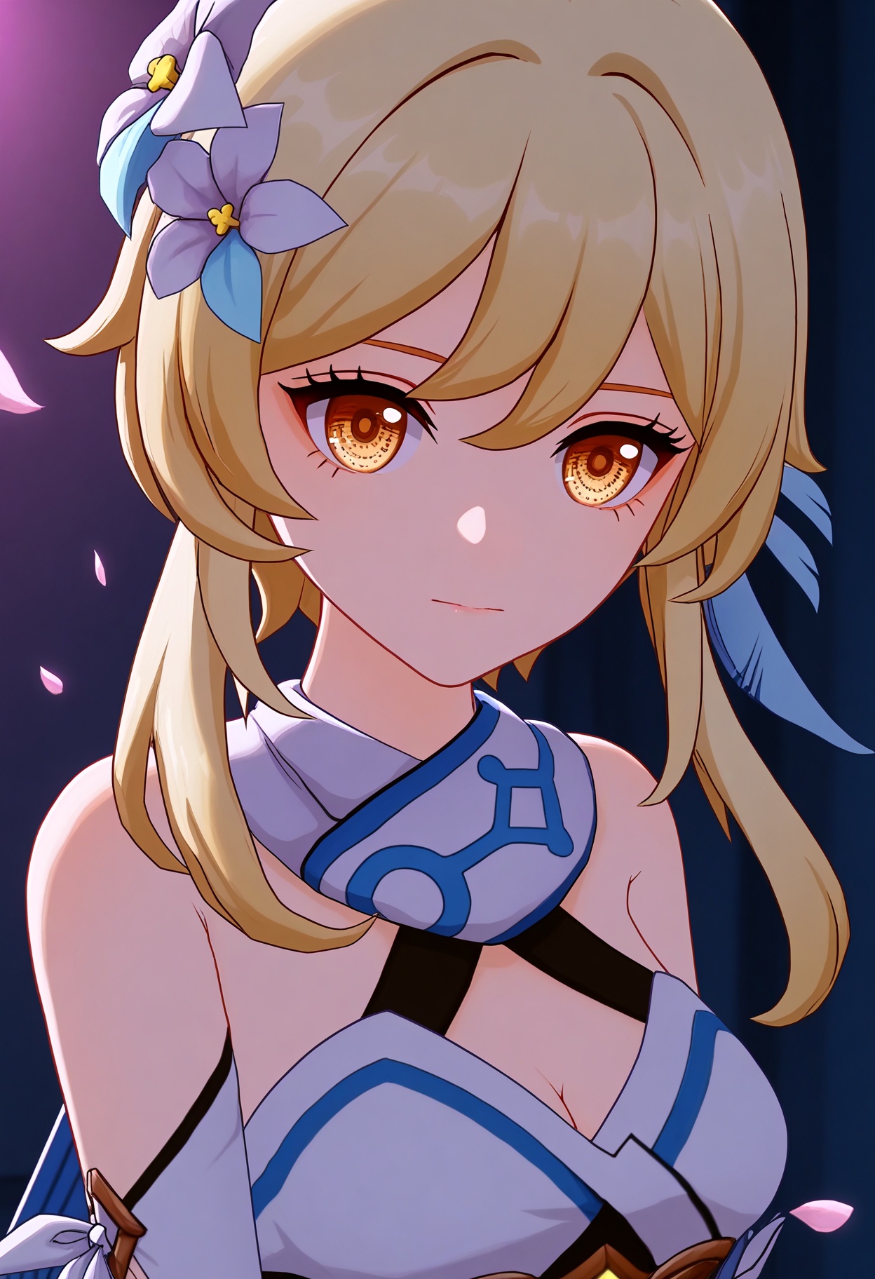 (upper_body:1.2),looking at viewer:1.1,masterpiece,(best quality),(mutated_hands:-1.2),(bad hands:-1.2),smog,Dark room,dim lighting,peach blossom,falling petals,<lora:YQ_Illustrious光辉二次元v1_荧_V1:0.8>,q1528437228,1girl,solo,lumine (genshin impact),blonde hair,hair ornament,dress,hair flower,white dress,short hair with long locks,detached sleeves,yellow eyes,scarf,sidelocks,feather hair ornament,gloves,white thighhighs,boots,