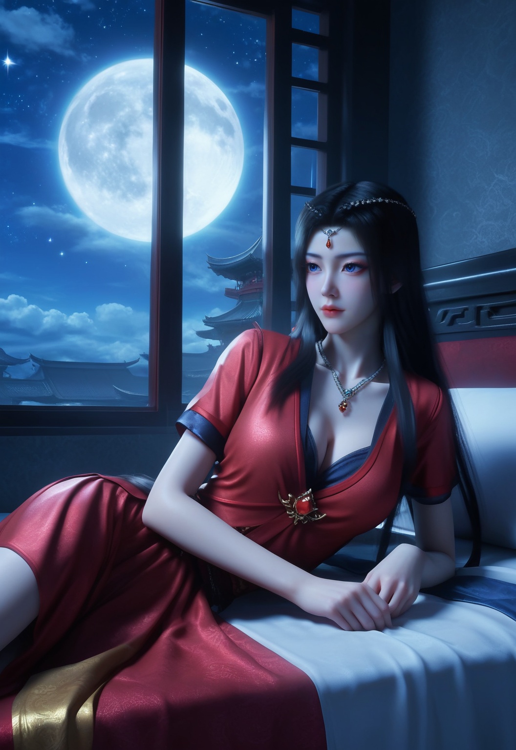 1girl,solo,best light,1girl,solo,long hair,pale skin,china outfit,school uniform,cleavage,jewelry,gem,[details@z0.7-1.0],Mysterious,sky,star,window,lying on bed,east asian architecture,moon,<lora:NM_红元瑶py2:0.8>,