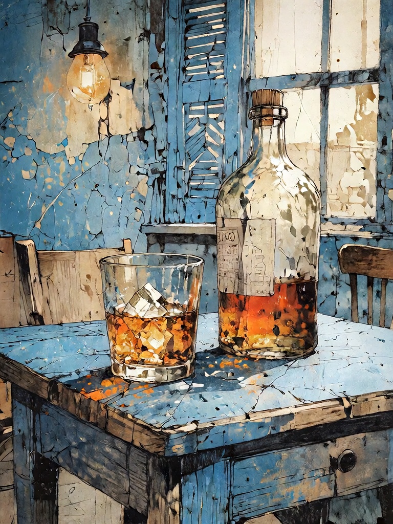 Bradhamel art style. A rustic,  weathered interior scene featuring a cracked blue-painted wooden table with a glass of amb...