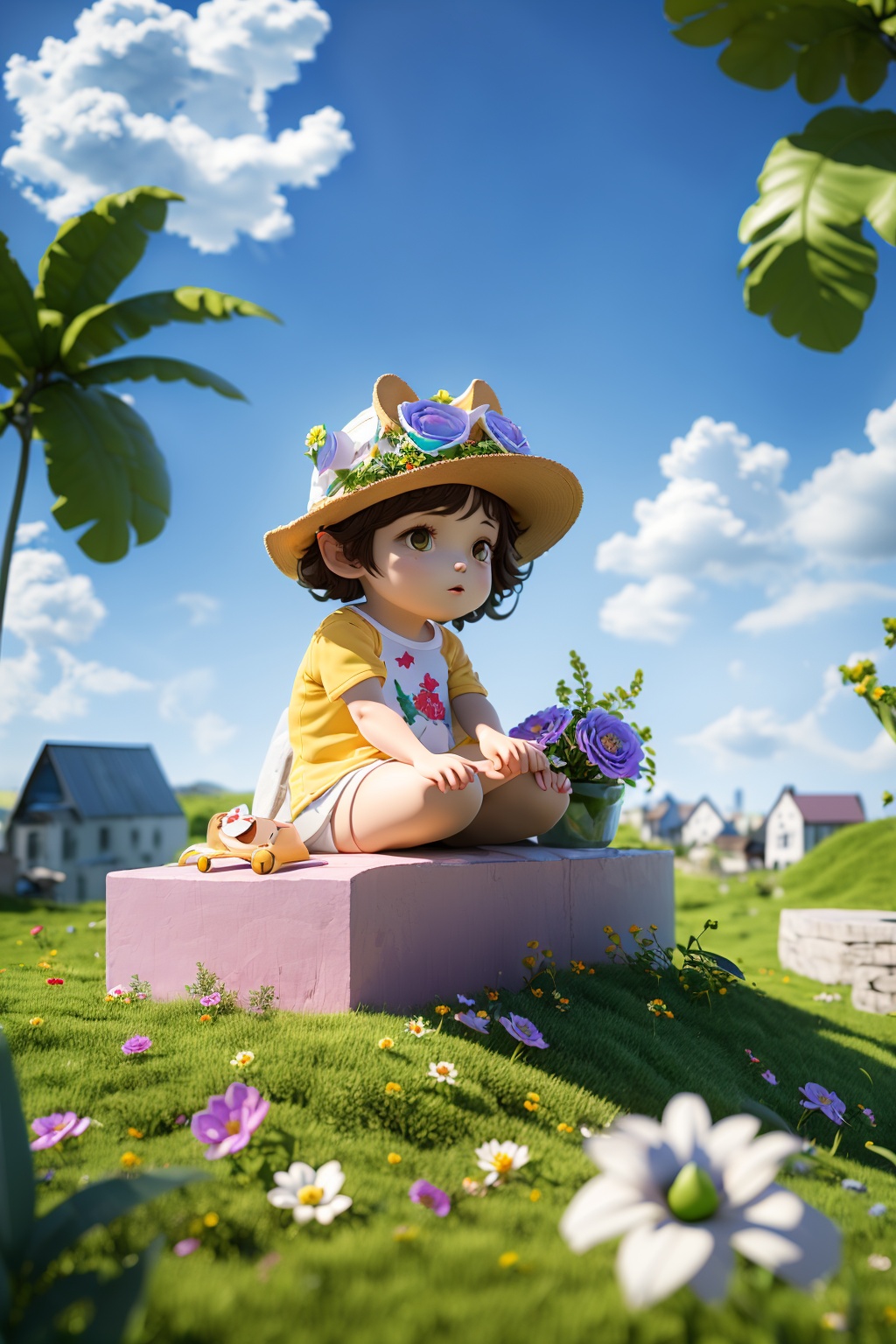 OC rendering,C4D,3D,product photography,still life,1girl,hat,flower,outdoors,sky,day,cloud,blue sky,white flower,scenery,pinwheel,