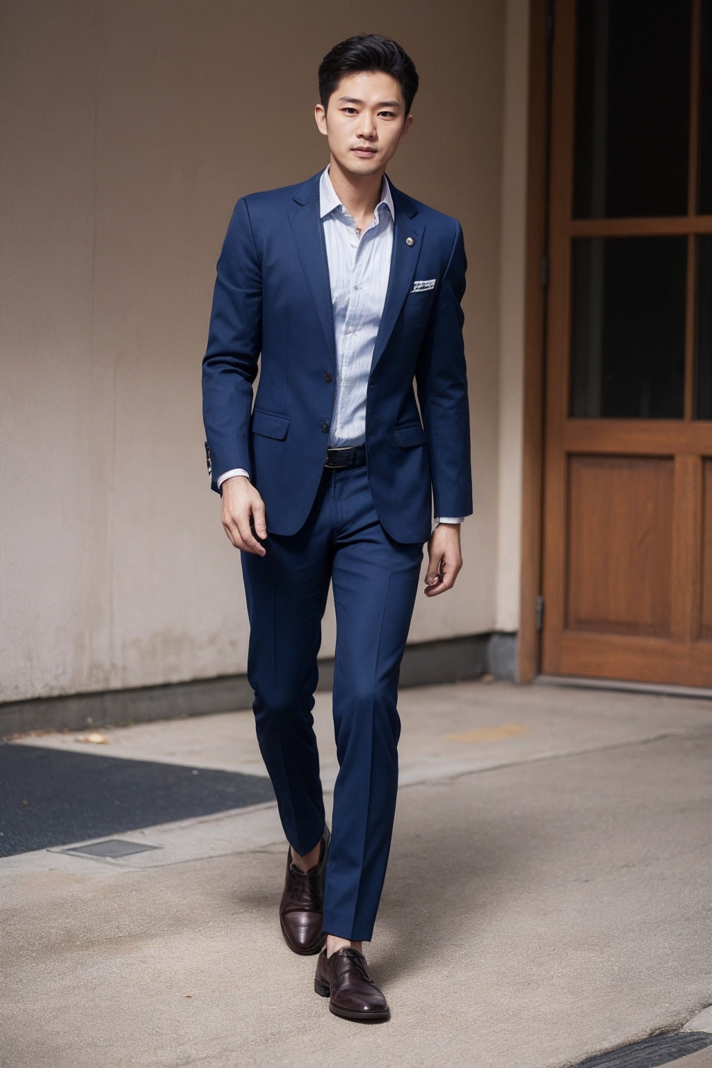 (1man:1.4),(male:1.2),(full body:1.2),(Collared shirt and blazer and suit trousers:1.4),<lora:AsianMan_4:0.8>,