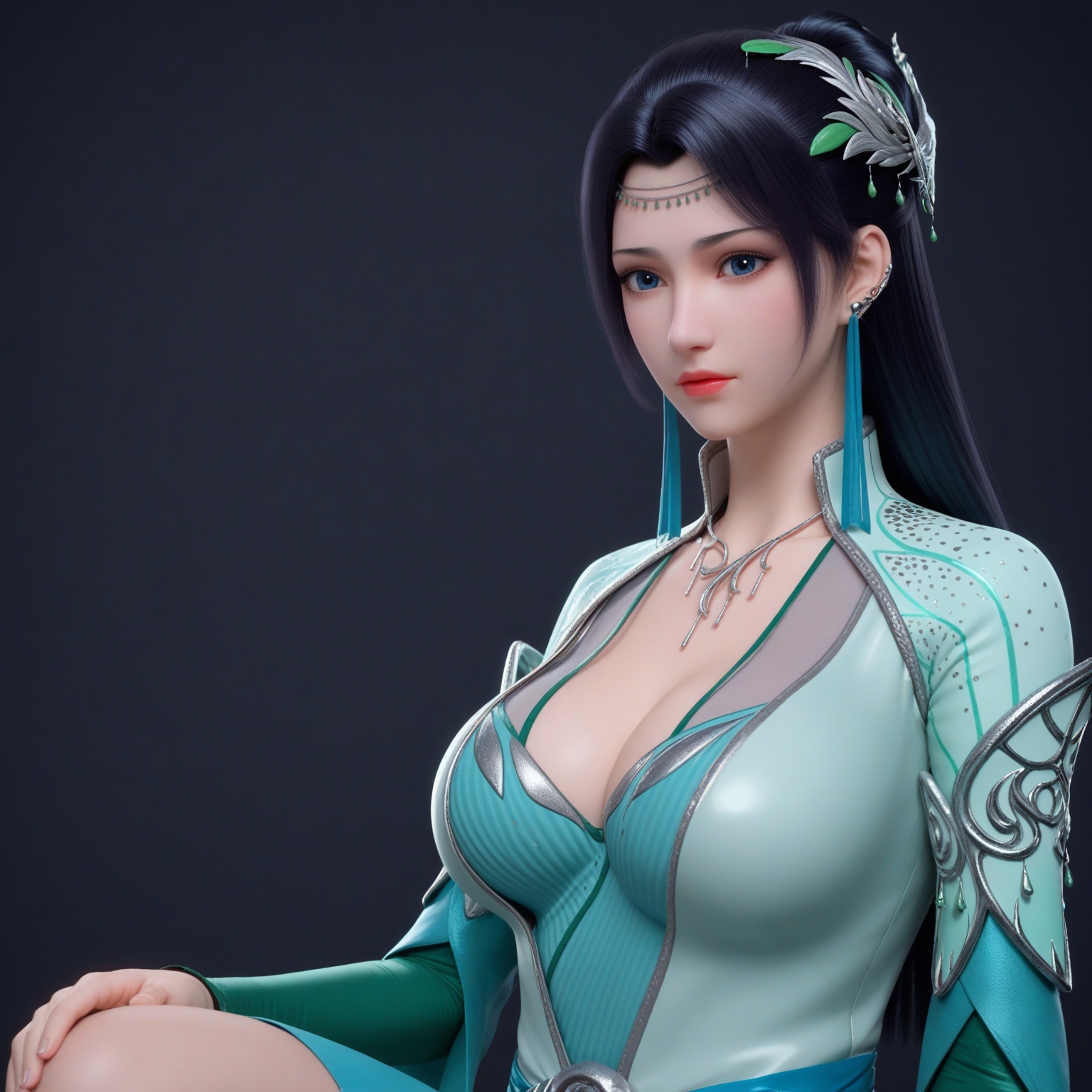 (upper_body:1.1),(huge breasts:0.9),90.<lora:YQponyyunyunV2:0.8>,(q1528437228:1.3),1girl,solo,long_hair,earrings,black_hair,hair_ornament,dress,blue_eyes,necklace,green_dress,ponytail,hair_bun,realistic,legs,,blush,(looking_at_viewer:1.1),BREAKintricate details,shiny_skin,solo focus,(blurry background:1.1),(depth of field:1.1),perfect_anatomy,(cinematic lighting:0.9),(volumetric lighting:0.9),(simple background,pure black background,black background:1.1),