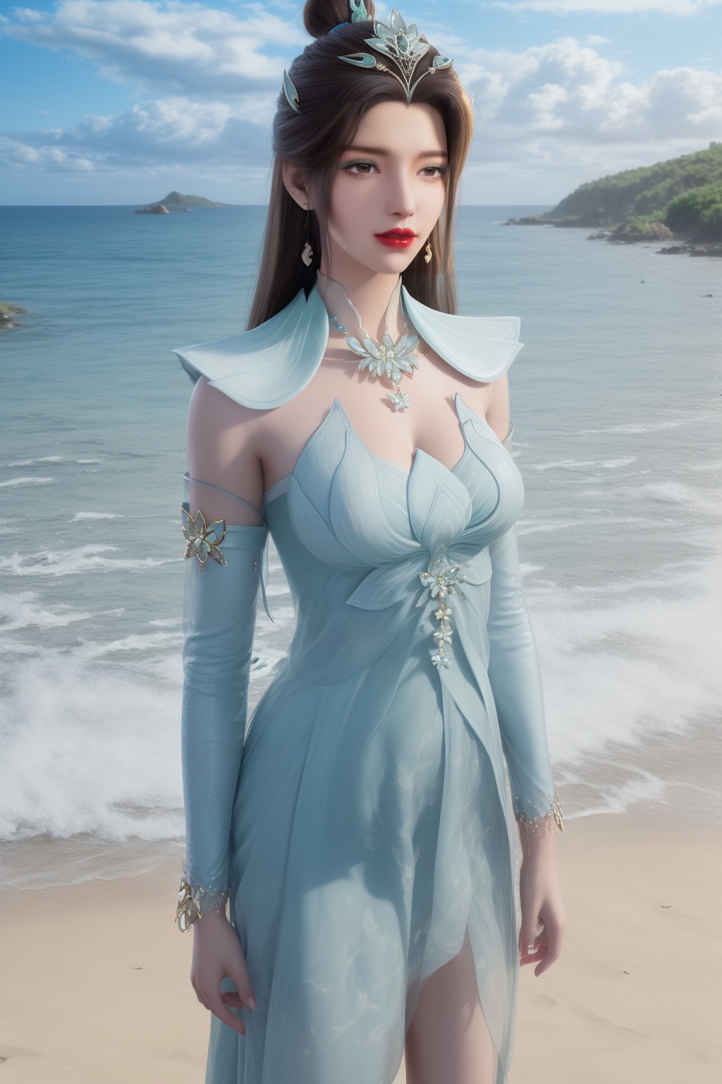 photo_\(medium\),(8k, RAW photo, best_quality),(masterpiece:1.2),(realistic:1.2),(photorealistic:1.3),(ultra-detailed),(extremely_detailed_cg_8k_wallpaper),(crystal_texture_skin:1.3),(shiny:1.2),(shiny_skin:1.4),(extremely_delicate_and_beautiful),shenfengYanRuYu,1girl,solo,detached sleeves,green dress,torogao,bouncing breasts,hair bun,standing,jewelry,hair ornament,earrings,red lips,necklace,realistic,looking at viewer,summer,beach,sea,sunshine,<lora:shenfengYanRuYu_20240525103110-000005:0.7>,