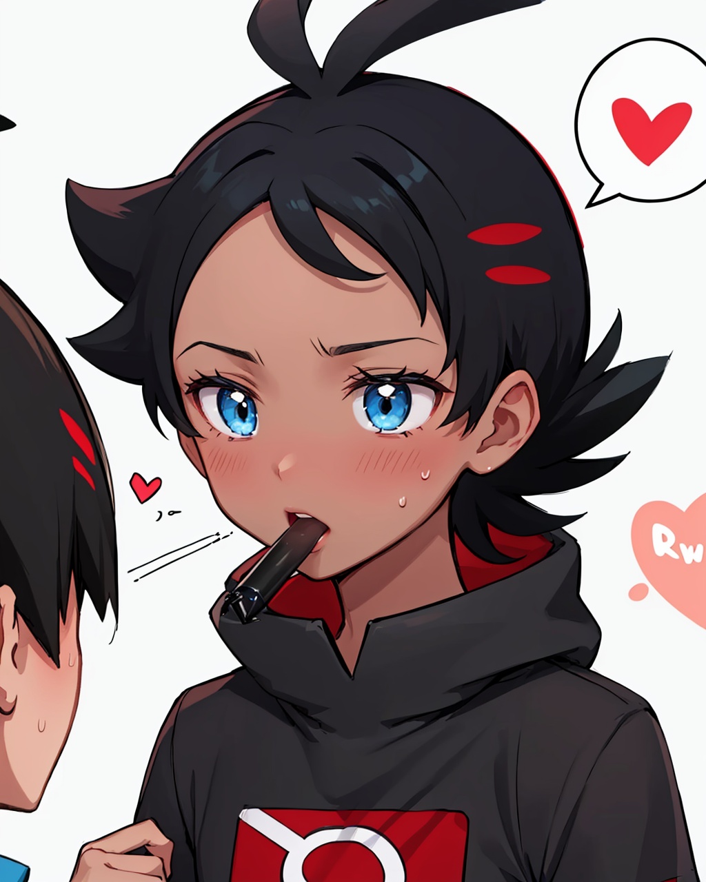 masterpiece,best quality, highly detailed, goh (pokemon),male focus, blush, 2boys, yaoi, sweat, dark-skinned male, white background, spoken heart, simple background, oral, solo focus, trembling,<lora:goh_(pokemon):1>