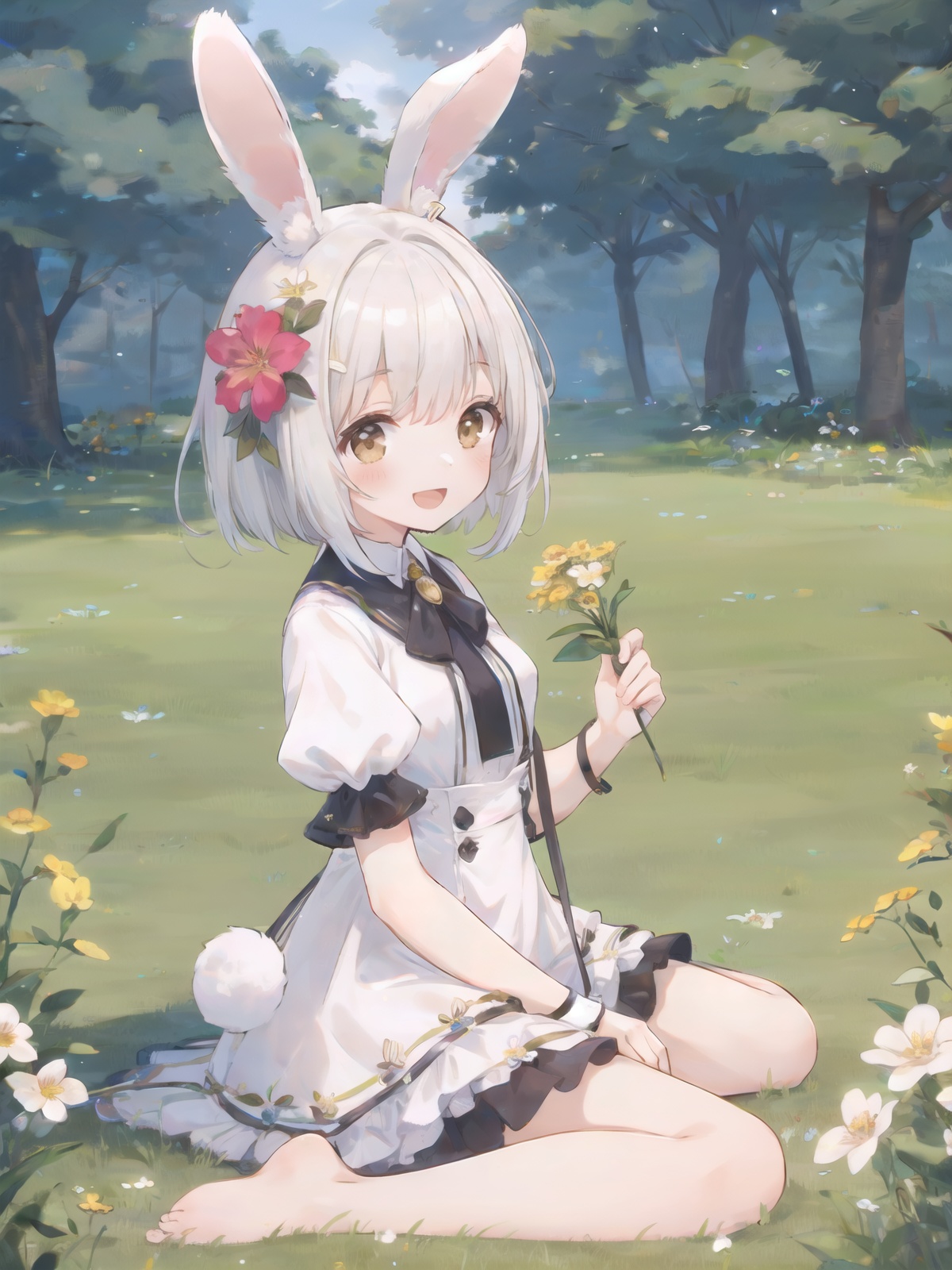 1girl,solo,solo focus,(animal ears, rabbit ears),barefoot,knees up,dress,sitting,short sleeves,looking at viewer,grass,short hair,smile,white hair,puffy sleeves,outdoors,puffy short sleeves,bangs,on ground,full body,animal,sunlight,brown eyes,dappled sunlight,day,depth of field,open mouth,(flower, hair flower),w,wariza,white dress,, (masterpiece,best quality,ultra_detailed,highres,absurdres:1.2)