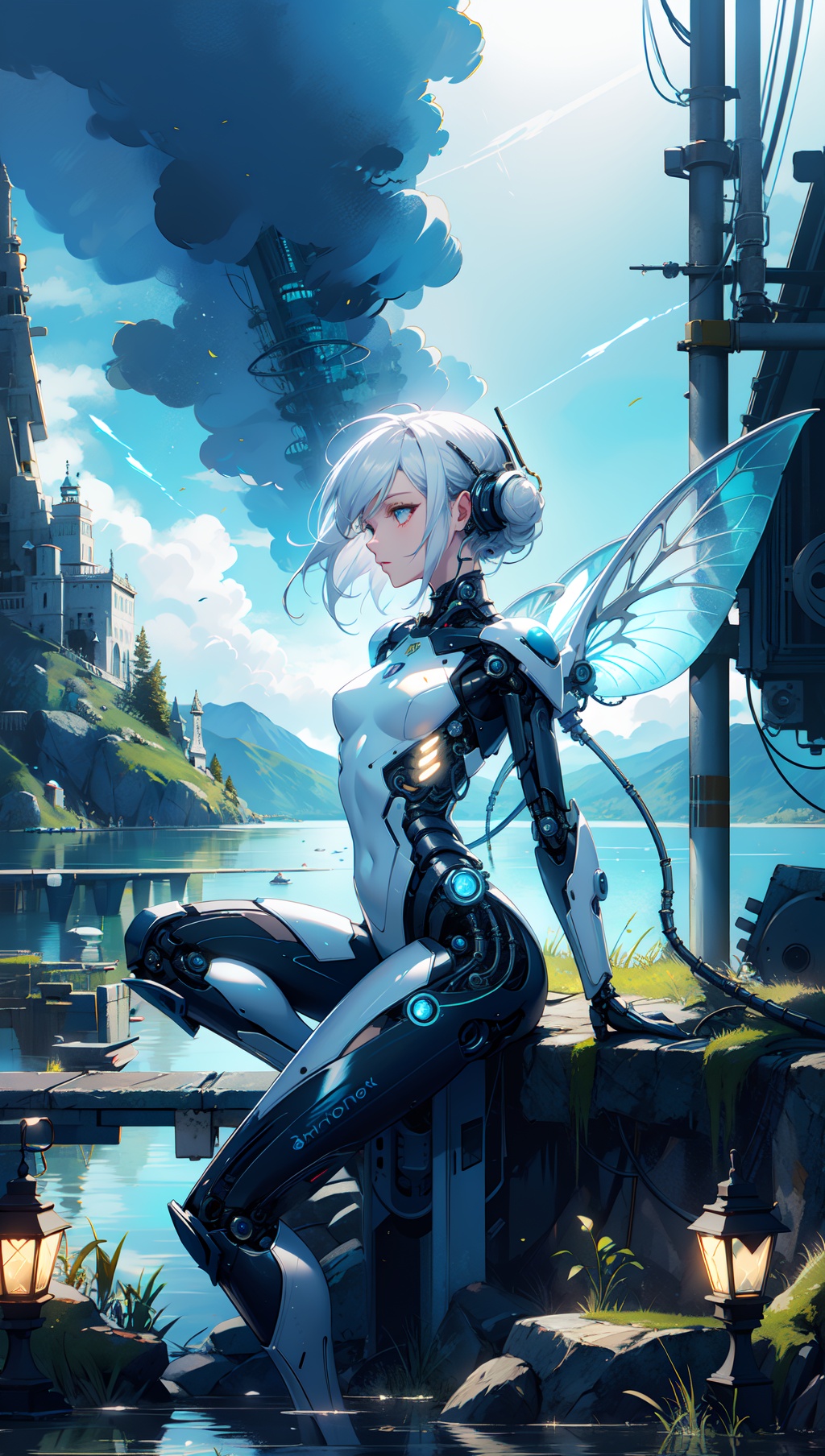 a female android,  athletic,  white hair on Tensor.Art