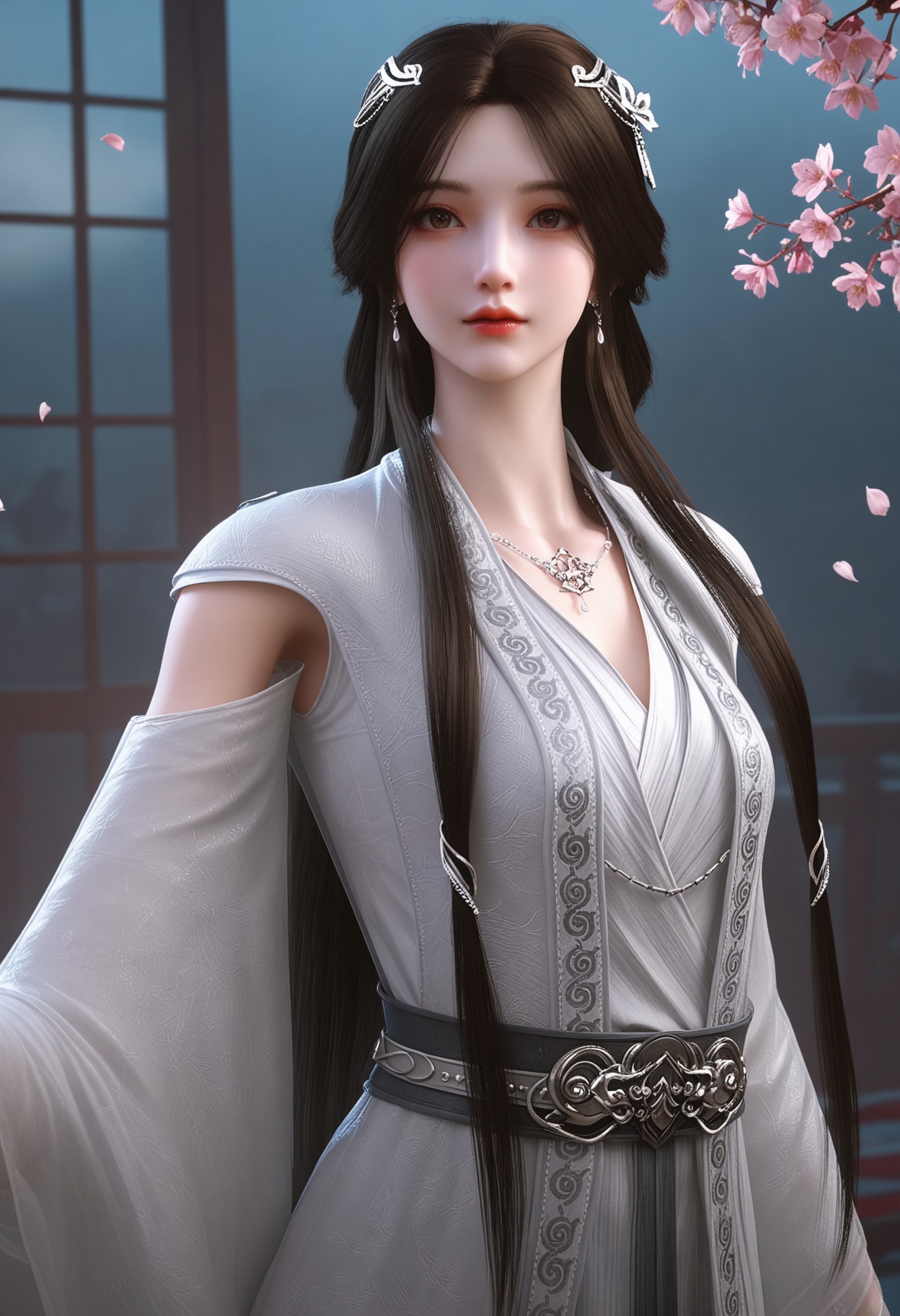 (upper_body:1.2),(looking at viewer:1.1),masterpiece,(best quality),smog,Dark room,dim lighting,peach blossom,falling petals,<lora:YQ_Illustrious光辉v5_雨馨2.0_V2:0.8>,q1528437228,1girl,solo,long hair,hair ornament,jewelry,earrings,dress,brown hair,white dress,necklace,black hair,brown eyes,chinese clothes,long sleeves,detached sleeves,wide sleeves,hair bun,