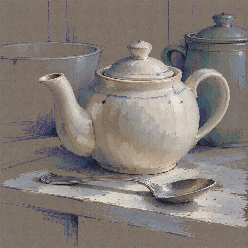 A teapot and a spoon resting on a kitchen shelf. on Tensor.Art