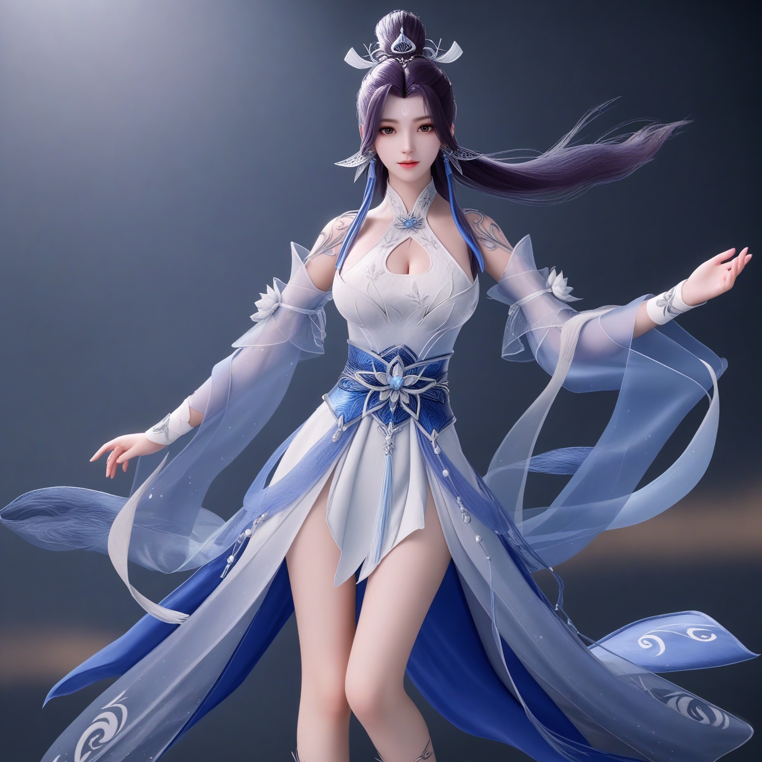 (upper_body:1.1),(huge breasts:0.9),73.<lora:YQponyjlingqingzhuV3:0.8>,q1528437228,solo,1girl,long_hair,dress,hair_ornament,black_hair,jewelry,hair_bun,white_dress,barefoot,earrings,single_hair_bun,sash,purple_hair,anklet,brown_hair,clothing_cutout,bare_shoulders,facial_mark,bare_legs,detached_sleeves,blue_dress,cleavage_cutout,ponytail,chinese_clothes,forehead_mark,tattoo,flower,see-through,realistic,long_sleeves,black_eyes,cleavage,hanfu,armor,gloves,tassel,elbow_gloves,,blush,(looking_at_viewer:1.1),BREAKintricate details,shiny_skin,solo focus,(blurry background:1.1),(depth of field:1.1),perfect_anatomy,(cinematic lighting:0.9),(volumetric lighting:0.9),(simple background,pure black background,black background:1.1),