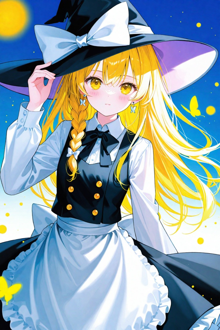 masterpiece,best quality,illustration,ultra detailed,hdr,Depth of field,(colorful),Artist ame929,1girl,hat,kirisame marisa,blonde hair,solo,yellow eyes,bug,witch hat,butterfly,long hair,braid,bow,flower,apron,black headwear,single braid,long sleeves,hair ornament,earrings,jewelry,white bow,hair flower,shirt,white shirt,closed mouth,hair between eyes,waist apron,white apron,black bow,white flower,hat bow,black skirt,blush,bowtie,skirt,black bowtie,looking at viewer,rose,hair bow,vest,black vest,frills,signature,buttons,hand on headwear,