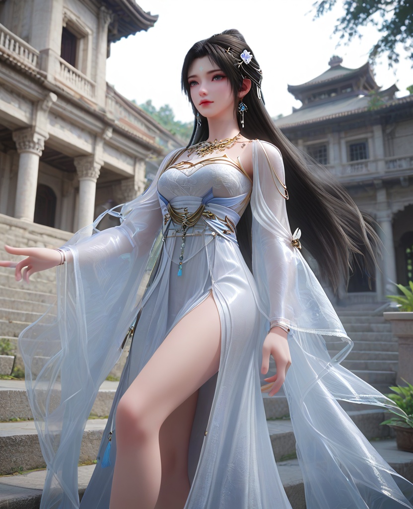(oriental architecture, elegant decor, sophisticated style:1.1),legs crossed,(breasts:1.2),<lora:XL16完美世界清漪:0.95>,miss qingyi,white dress,forehead mark,black hair,hanging hair,long hair,hair ornaments,gem earrings,gold jewelry,necklace,see-through sleeves,sash,hair ribbon,bracelet,floral print,, zPDXL2, score_9, score_8_up, score_7_up BREAK realistic, masterpiece,best quality, highly detailed,, zPDXL3, zPDXL2,zPDXL, zPDXLxxx, zPDXLrl,