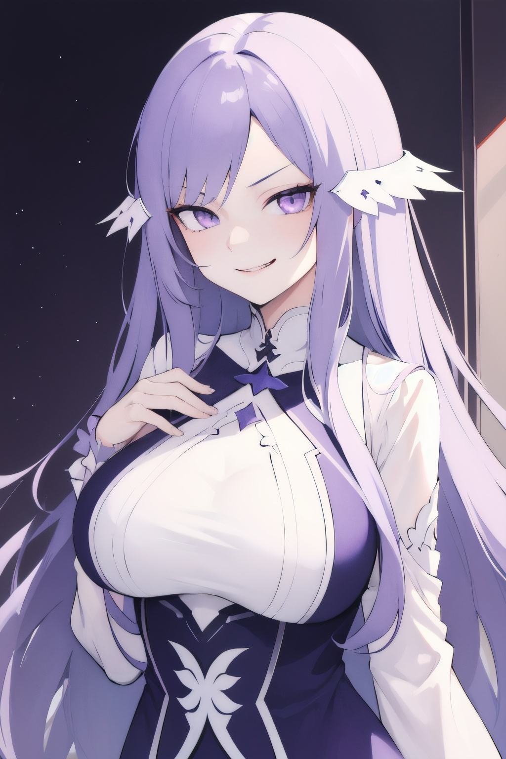 masterpiece,best quality,1girl,quinella,quinella (SAO),solo,purple eyes,swept bangs,very long hair,light purple hair,large breasts,evil smirk,<lora:lbc_quinella_(sao)24324_v1.0:0.8>,face_focus,