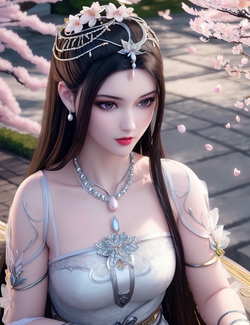 ultra realistic 8k cg, picture-perfect face, flawless, clean, masterpiece, professional artwork, famous artwork, cinematic lighting, cinematic bloom, perfect face, beautiful face, fantasy, dreamlike, unreal, science fiction,   lace, lace trim, lace-trimmed legwear,  (rich:1.4), prestige, luxury, jewelry, diamond, gold, pearl, gem, sapphire, ruby, emerald, intricate detail, delicate pattern, charming, alluring, seductive, erotic, enchanting, hair ornament, necklace, earrings, bracelet, armlet,halo((,1girl, pov,))  , ((((1girl, solo, ,cherry blossoms,outdoors, ))))<lora:DA_LinQingZhu:0.7>