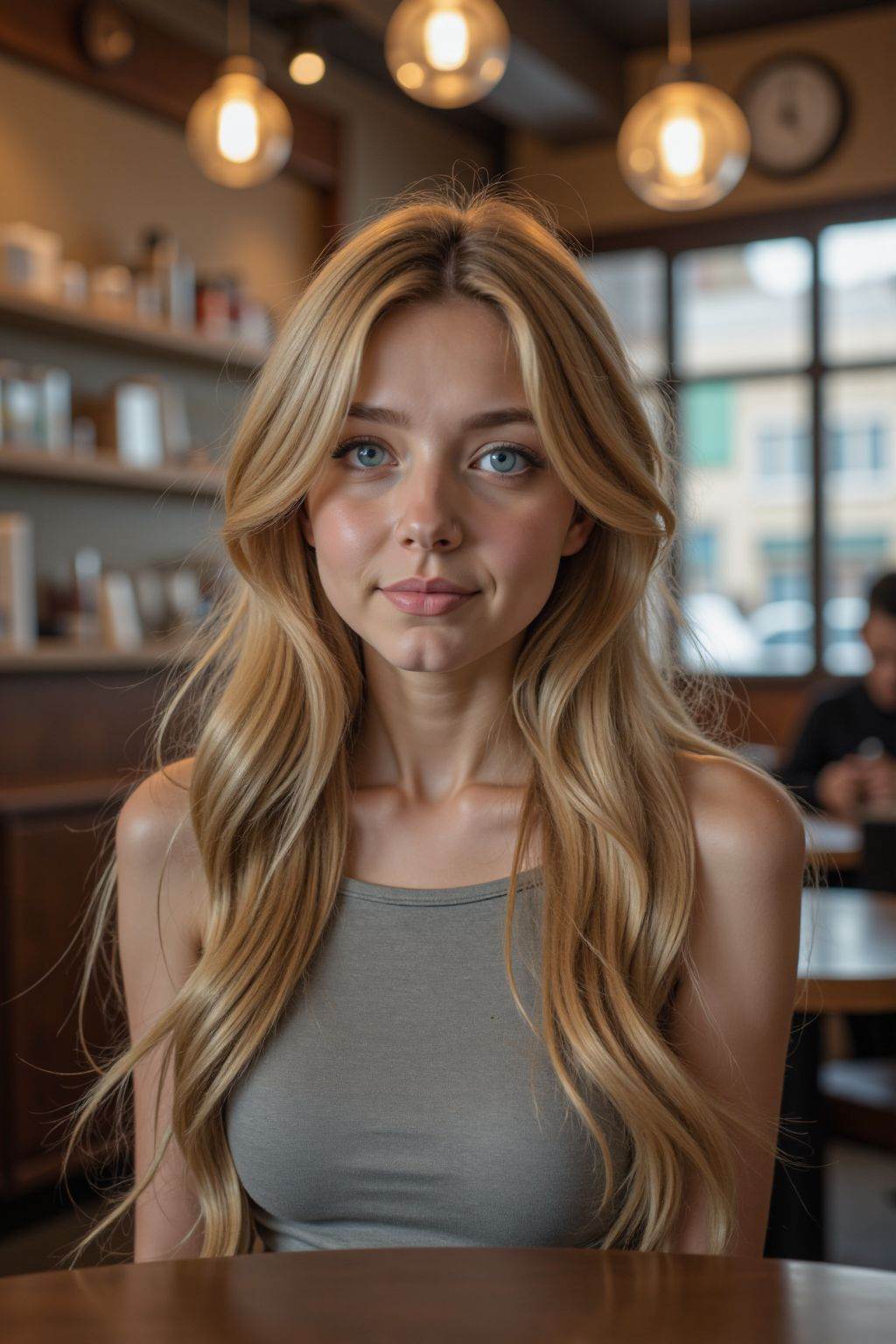 HDR photo of cinematic film still, young girl, solo, long hair, looking at viewer, blonde hair, blue eyes, boatneck dress, in coffee shop