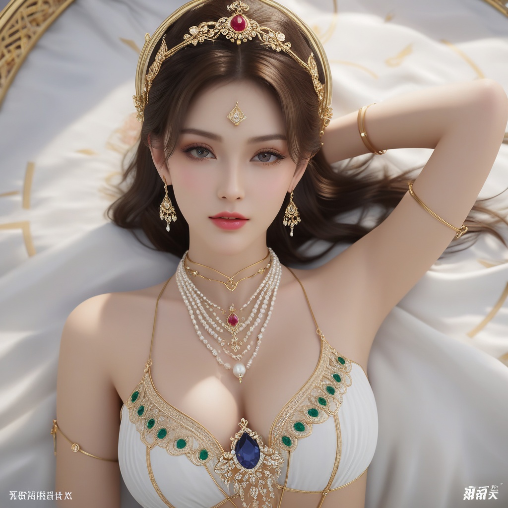 <lora:648-DA-XL-遮天-狠人大帝:0.8>(,1girl, ,best quality, ),looking at viewer,masterpiece, ((((1girl, solo , lying, )))) (cleavage), (), ,ultra realistic 8k cg,   clean, masterpiece,      (( , )),,  , unreal, science fiction, luxury, jewelry, diamond, gold, pearl, gem, sapphire, ruby, emerald, intricate detail, delicate pattern, charming, alluring, seductive, erotic, enchanting, hair ornament, necklace, earrings, bracelet, armlet,halo,(cleavage),, (),