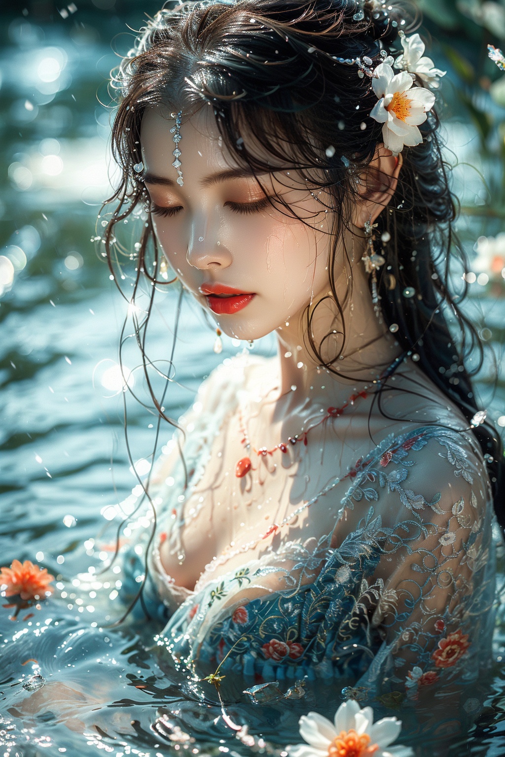1girl, solo, closed eyes, jewelry, black hair, red lips, flower, water, earrings, blurry, hair ornament, bare shoulders, dress, necklace, eyelashes, petals, upper body, makeup, blurry background, closed mouth, lips, collarbone, lipstick, long hair, depth of field, off-shoulder dress, white dress, hair flower <lora:出水芙蓉:1>