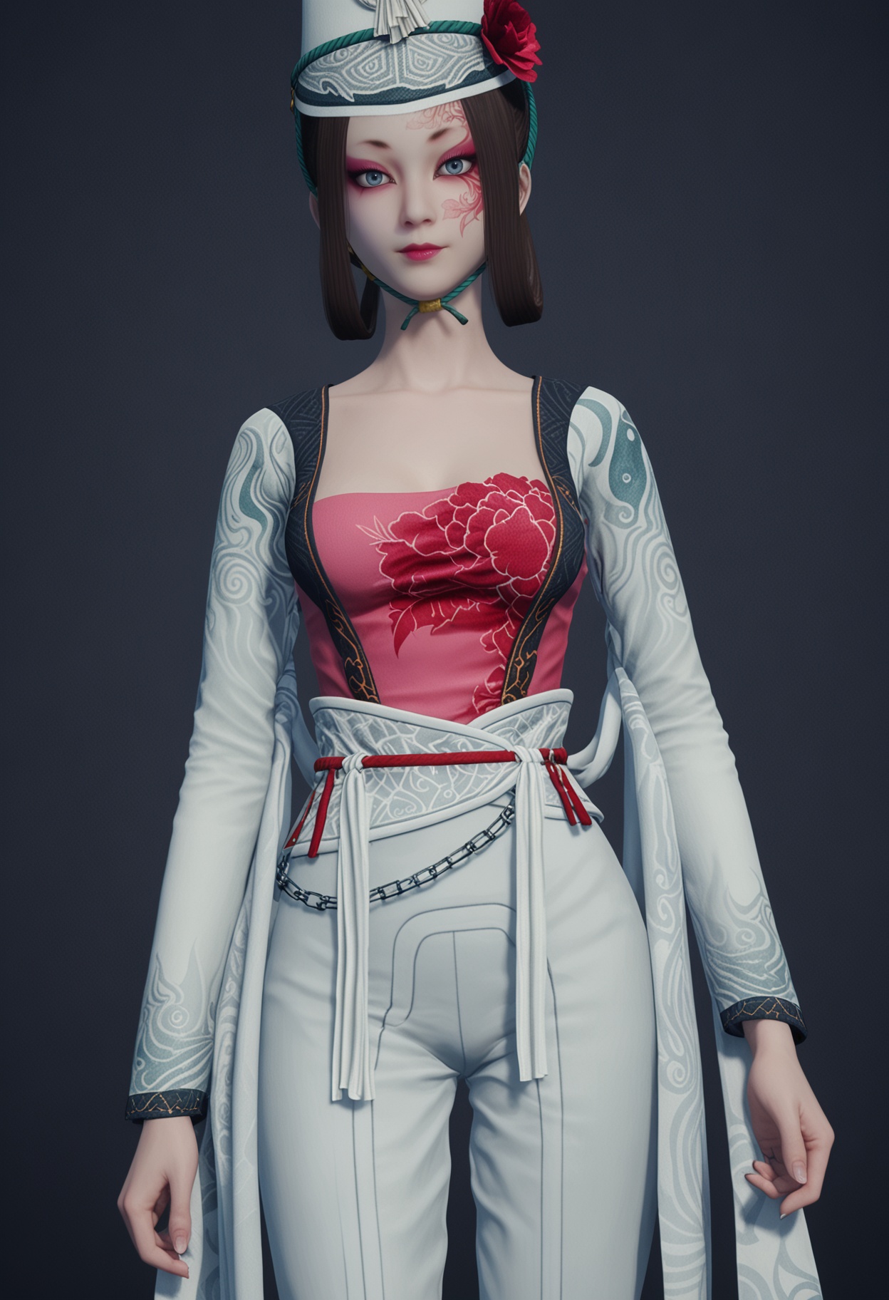 (cowboy shot:1.1),(looking at viewer:1.1),facing viewer,direct gaze,<lora:YQ_pony_baiwuchang_changxuanlin_V4:0.8>,q1528437228,1girl,solo,black hair,hat,hair flower,makeup,chinese clothes,dress,hair ornament,long sleeves,grey eyes,blue eyes,facepaint,hair rings,eyeshadow,pants,jewelry,headwear,long hair,facial mark,short hair,brown hair,shoes,BREAK simple background,pure black background,black background,perfect anatomy,