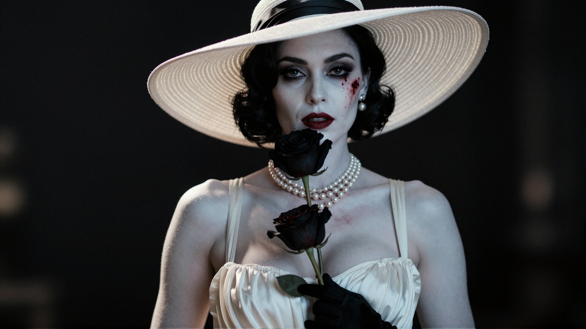 cinematic film still of Alcina Dimitrescu a pale skin woman with makeup and a hat on,  perfect image,  perfect body on Ten...