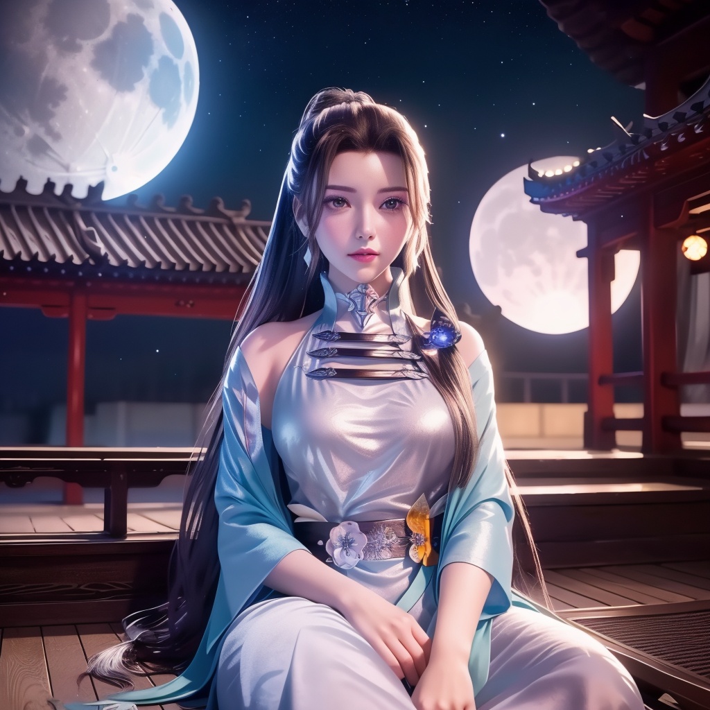 <lora:万界至尊-李雪衣-皮衣:0.8>, (Best Quality: 1.2), Masterpiece, HD, HDR, 8K, (Film Quality: 1.2), Film Tone, Urban Day Scene, Lens 35mm, Depth of Field, Bright Tone, (Film Vignetting: 1.2), Film Grain, Photorealistic, Realistic, Under the gentle glow of the moon, a girl in a hanfu of starlight silver lies on a bed of flowers, her long hair spread out like a galaxy of stars. The flowers around her seem to sparkle in the moonlight, and as she gazes up at the sky, she feels a deep connection to the universe above.