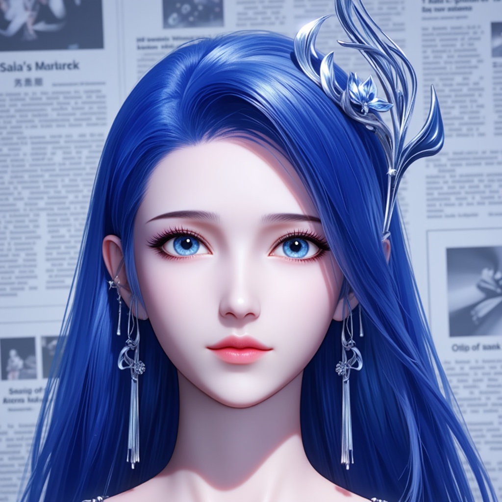 <lora:阿银·百搭版5:1.2>,ayin,1girl,solo,earrings,jewelry,blue hair,blue eyes,upper_body,long hair,closed mouth,looking at viewer,lips,hair ornament,cover,gradient background,close-up details,outstanding style,adding a touch of dimension to your images without compromising details,close-up,<lora:DJ滤镜_2.5D版:0.4>,lvjing,<lora:油画唯美滤镜15:0.2>,baoshi,<lora:报纸背景·5:0.4>,baozhi,paper,newspaper,the newspaper wall,newspaper background,