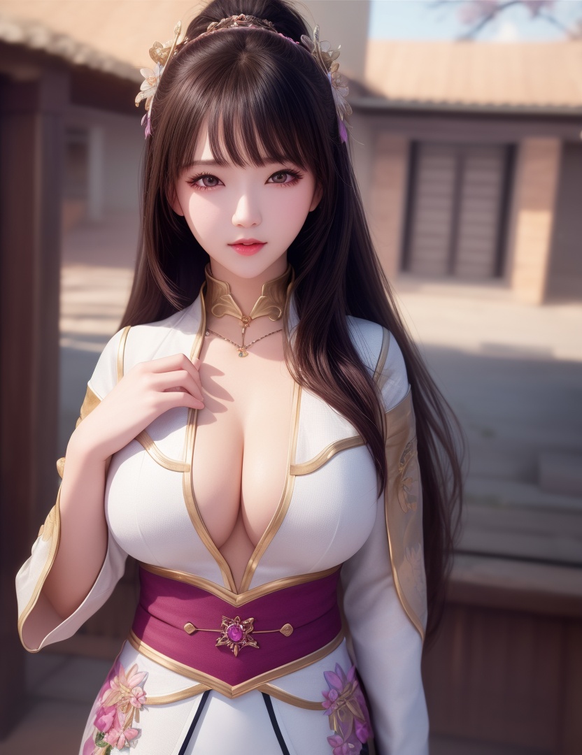 <lora:528-DA-万古狂帝-林柔:0.8>(,1girl, ,best quality, ),looking at viewer,  ,ultra detailed background,ultra detailed background,ultra realistic 8k cg,, ,masterpiece, (( , )),, , , hyper blossom,    (cleavage), (), ,,
