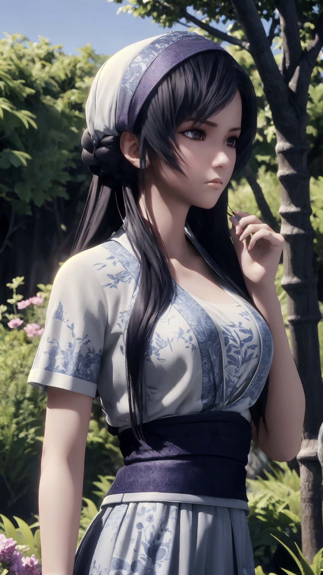The image is a 3D rendering of a female character from a video game. She is standing in a garden with trees and bushes in the background. The character is wearing a blue and white outfit with intricate patterns and designs. The outfit has a high neckline and short sleeves, and the skirt is flared at the bottom. She has long, dark hair that is styled in loose waves and falls over her shoulders.The character is holding a scroll in her left hand and is looking off to the side with a serious expression on her face. She appears to be in a contemplative pose, as if she is deep in thought. The overall mood of the image is peaceful and serene..,<lora:1.5端木蓉(6):0.8>,