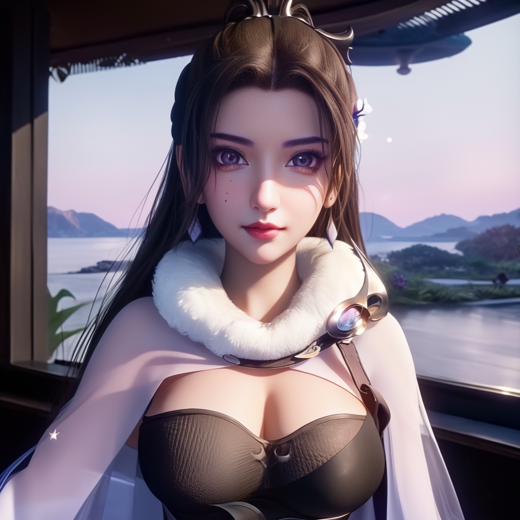 <lora:783-DA-万界至尊-李雪衣-毛领:0.8>, (,1girl, ,best quality, ),looking at viewer,  ,,ultra detailed background,ultra detailed background,ultra realistic 8k cg, ,masterpiece, (( , )),, realistic,science fiction,mole, ultra realistic 8k cg, ,     ,crescent moon, jasmine \(flower\),     (cleavage),,  (),