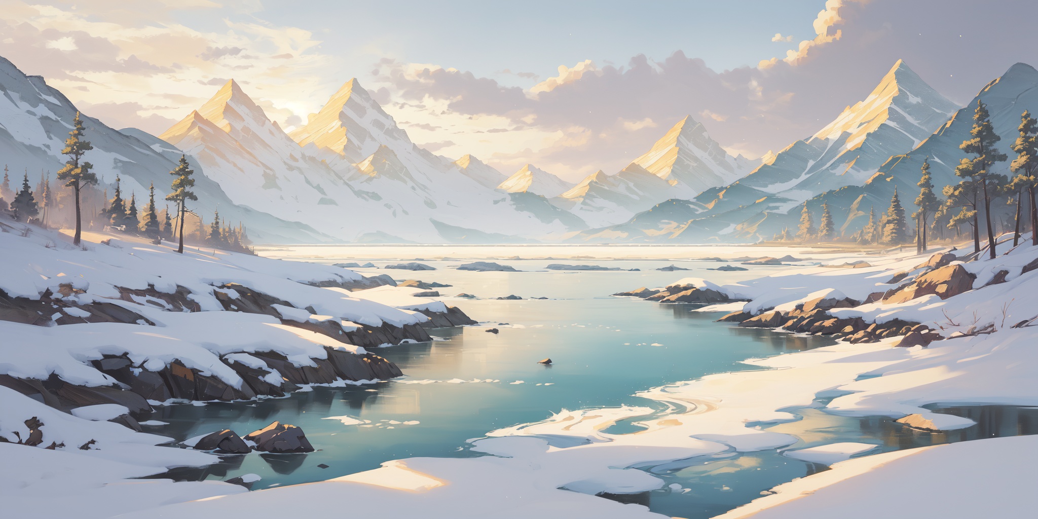 scenery,outdoors,light particles,beautiful detailed sky,beautiful detailed glow,best shadow,panorama,(Mountains, Snow, Peaks, Glacier, Ice, Clouds, Sunlight:1.3),(Tranquil riverbank, Fishing, Dusk, Fishing rod, Peacefulness, Nature sounds:1.2),(Date palms, Cacti, Oasis pool, Hot sand, Glaring sunlight, Mirage:1.1),(masterpiece, best quality, beautiful and aesthetic:1.3),extremely detailed CG,ultra-detailed,beautiful concept illustration,illustration,extremely fine and beautiful,perfect details,<lora:YOUHUA-000018:1>,oil painting \(medium\),