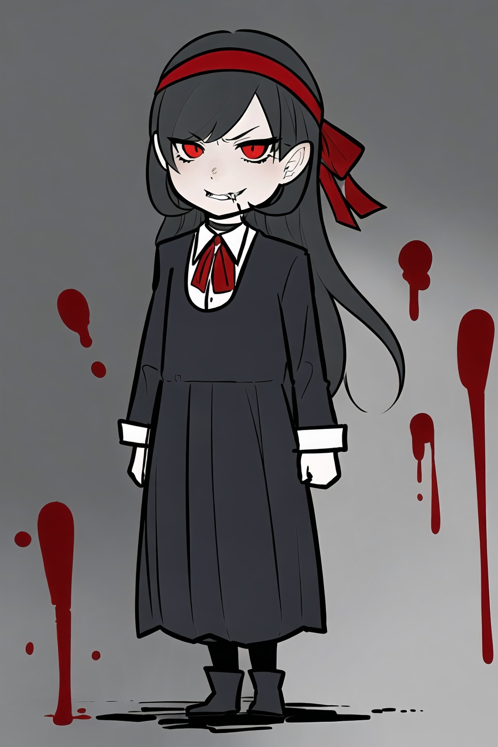 1girl,wsdxj,solo,ojousama,age regression,cuteg,(narrow one's eyes:1.1),red headband,red bowtie,blood head ring,rejection,bewitching/bizarre/sinister appearance,guihuo inferno,evil atmosphere,full body,