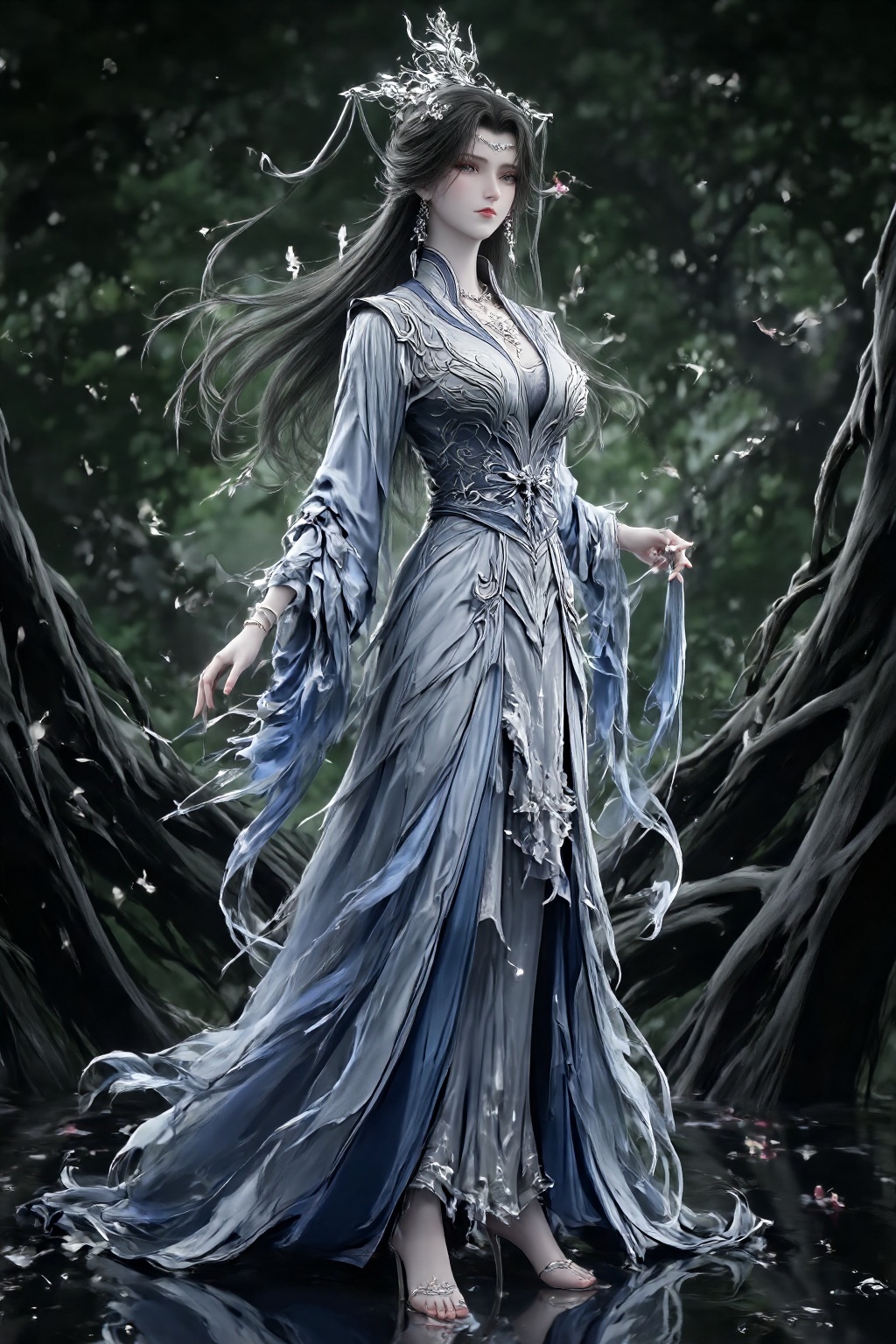 This is a highly detailed CGI image of a beautiful Asian woman with fair skin and long,dark hair,adorned in an ornate,silver and blue traditional Chinese qipao dress with intricate patterns. She wears a matching headdress and delicate jewelry,Her bare fair feet gently touched the water surface,The background is a blurred,dark forest.,watercolor style,An Acrylic style painting that is expressive,gives it a dynamic and emotional quality. Anime art of a stylized portrait of a woman with a ethereal black and green mist surrounding her body. The mist creates a dramatic and surreal effect. A black flower,that is blooming,covering one eye,attached to the face. The woman has a cold aesthetic,complimented by her white hair. Anime art of woman draped in shadows with a lighting that enhances her unique features. The background is dark green,filled with black rose petals. Holding finger to lips,shush,shushing motion,.,Winslow Homer style,