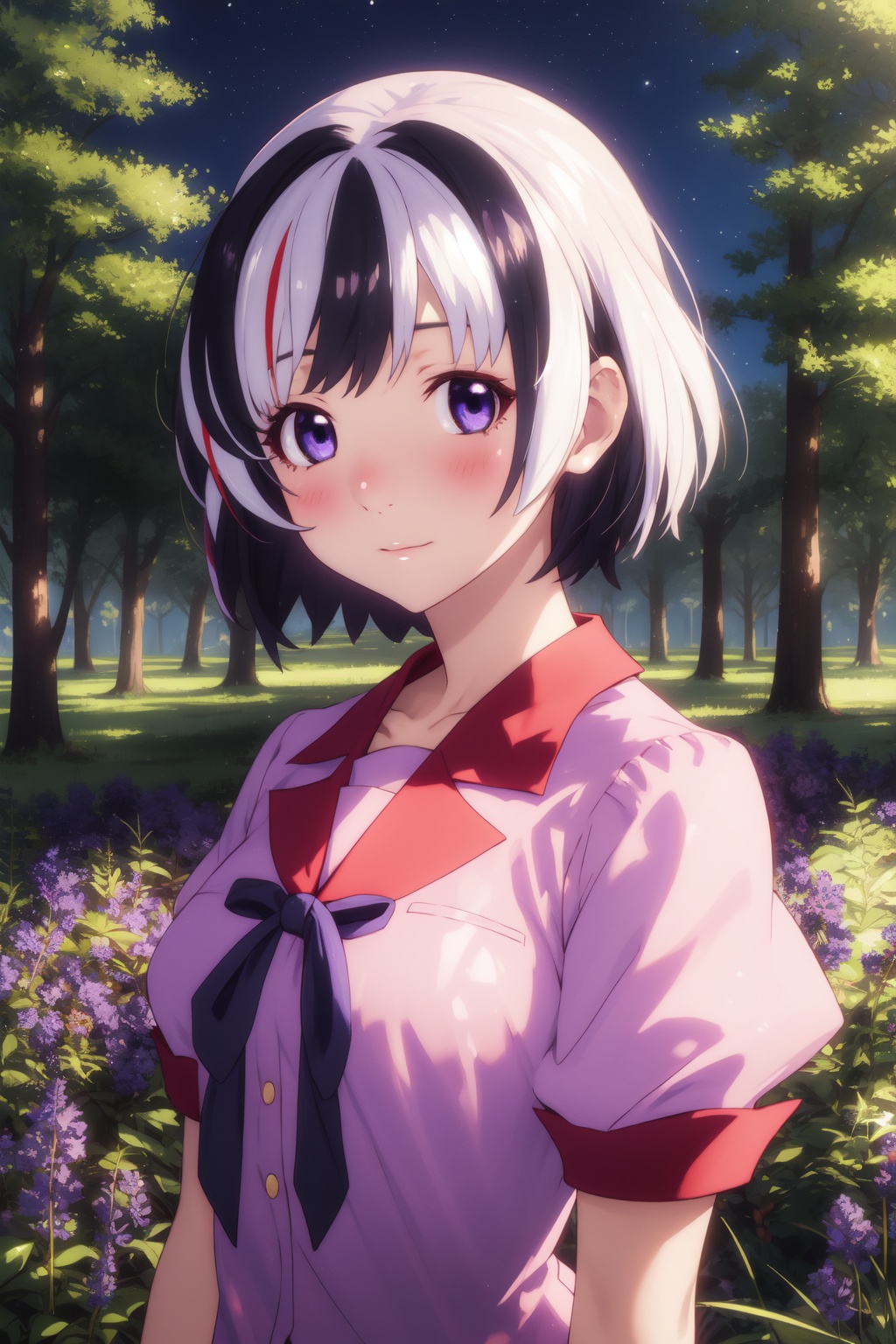<lora:Tsubasa-000009:0.8>,Tsubasa cyql,1girl,looking at viewer,solo,short hair,black hair,white hair,two-tone hair,streaked hair,purple eyes,school uniform,shirt,puffy sleeves,breasts,pink shirt,blush,Bored, A slack jaw, drooping eyelids, and a slightly uninterested gaze.,full_shot,beautiful face,beautiful eyes,glossy skin,shiny skin,Forest, Bluebells, Trees, Flowers, Spring, Colors, Serenity, Beauty,(Churchyard, Tombstones, Fall foliage, Autumnal tranquility, Rustic charm, Harvest season:0.6),beautiful detailed sky,beautiful detailed glow,posing in front of a colorful and dynamic background,masterpiece,best quality,beautiful and aesthetic,contrapposto,female focus,wallpaper,fashion,