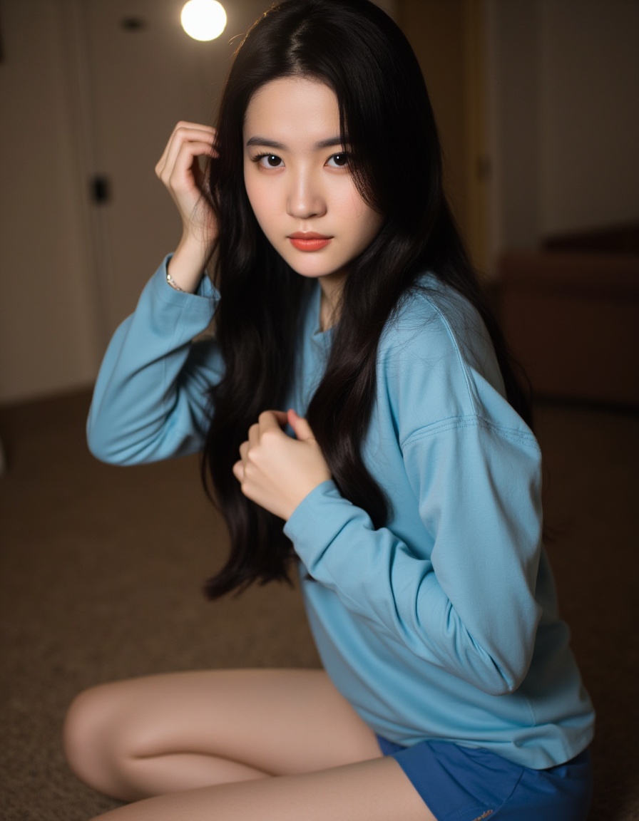 a young Asian woman with long dark hair,  wearing a light blue long-sleeved t-shirt and blue shorts,  is seated on a brown...